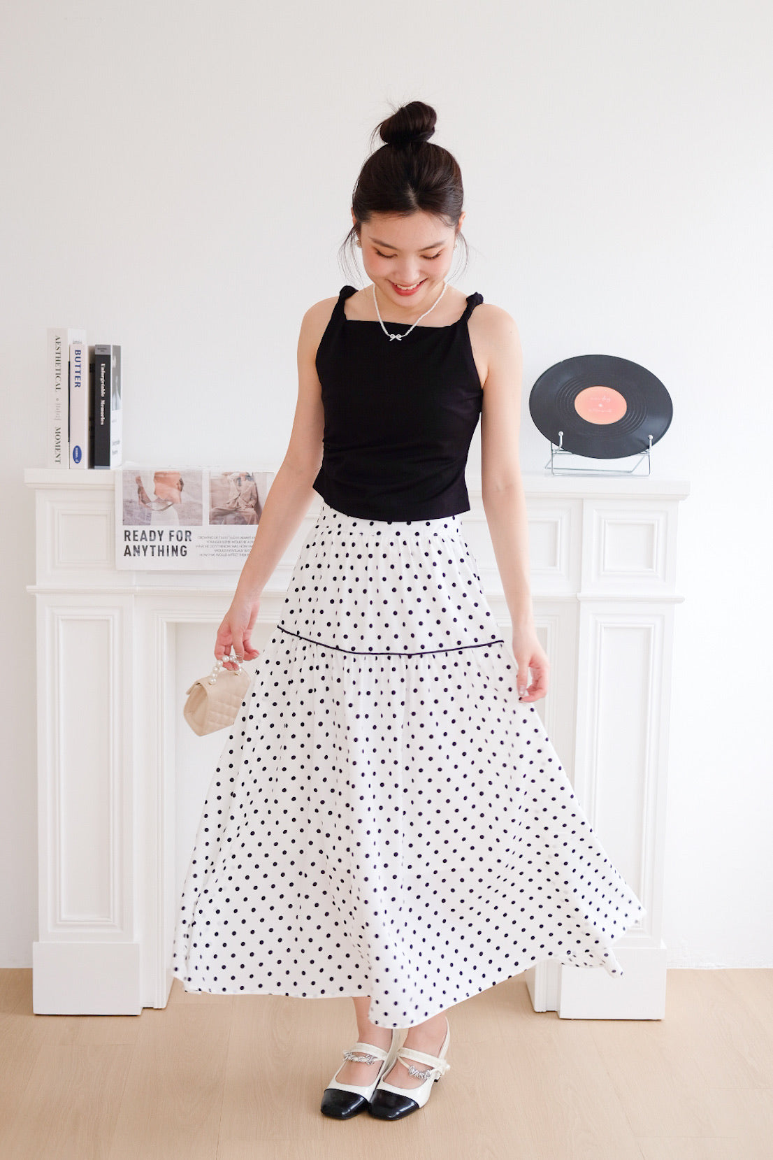 Alva Vintage Contrast A Line Skirt (Polka White)