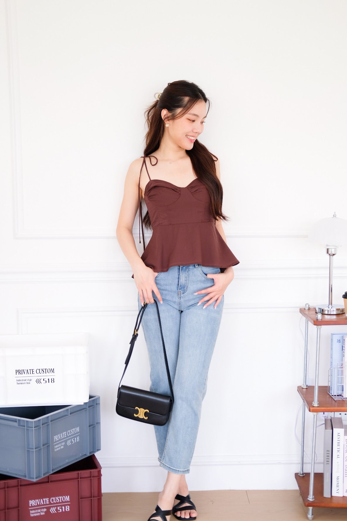 Mona Self Tie Ribbon Peplum Top (Mocha)
