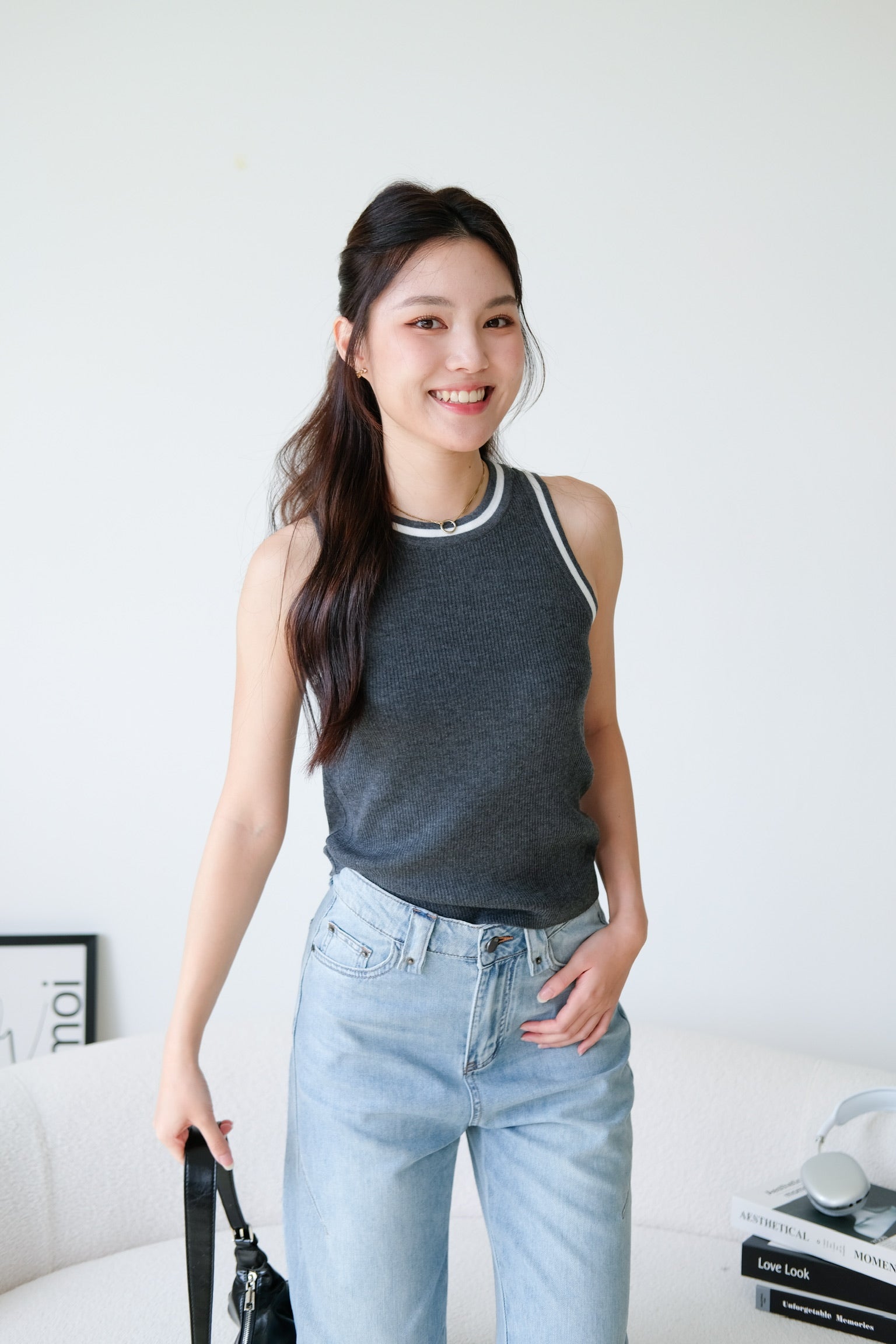 Kyara Contrast Knit Tank Top (Grey)