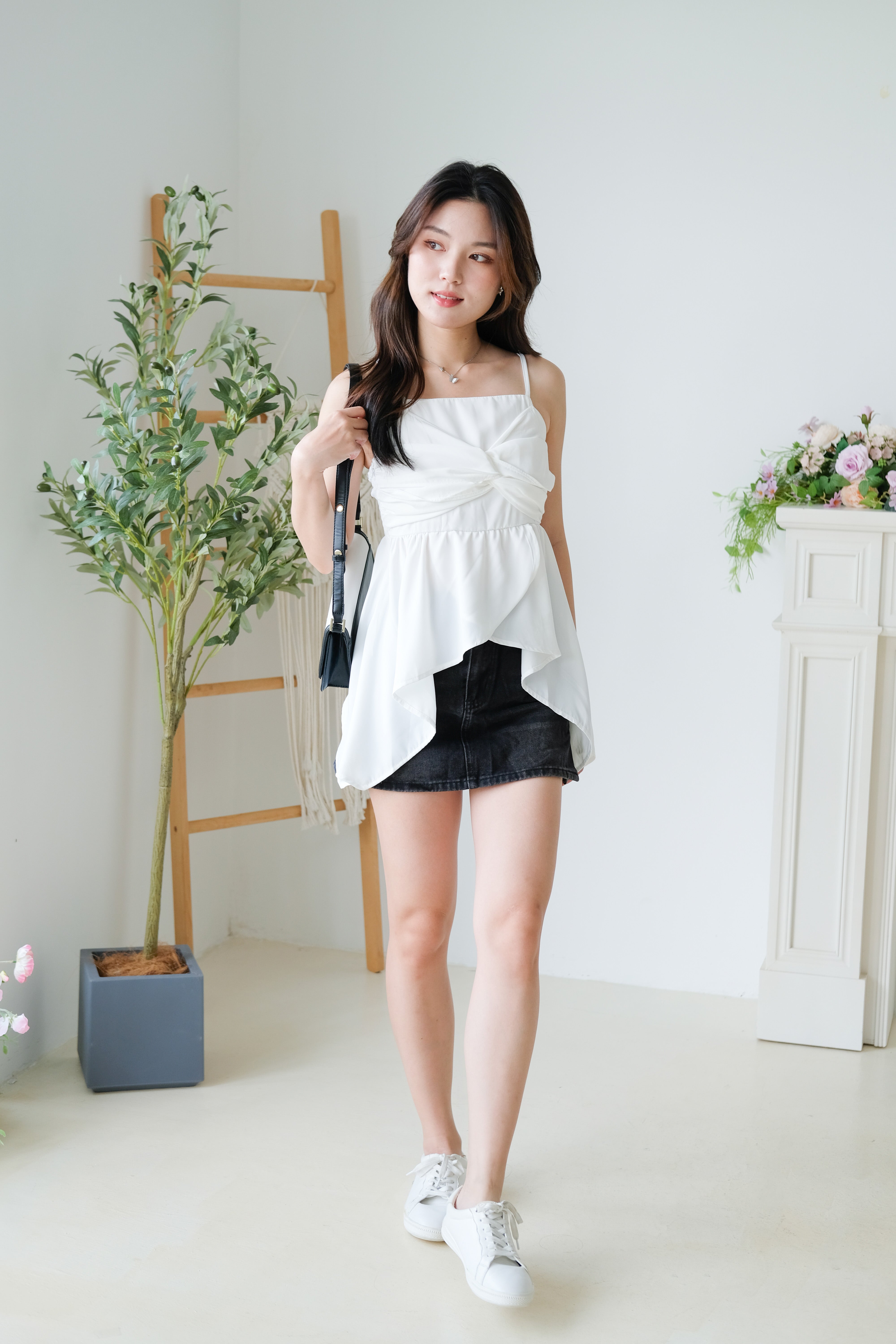 Natalie Twist Ruffle Asymmetrical Top (White)