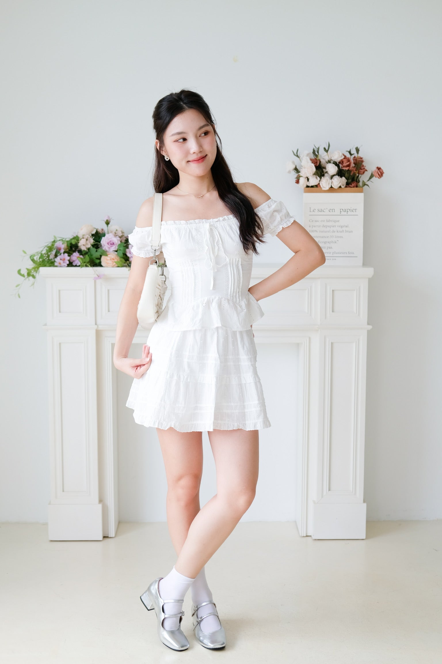 Nara Eyelet Off Shoulder Crop (White)