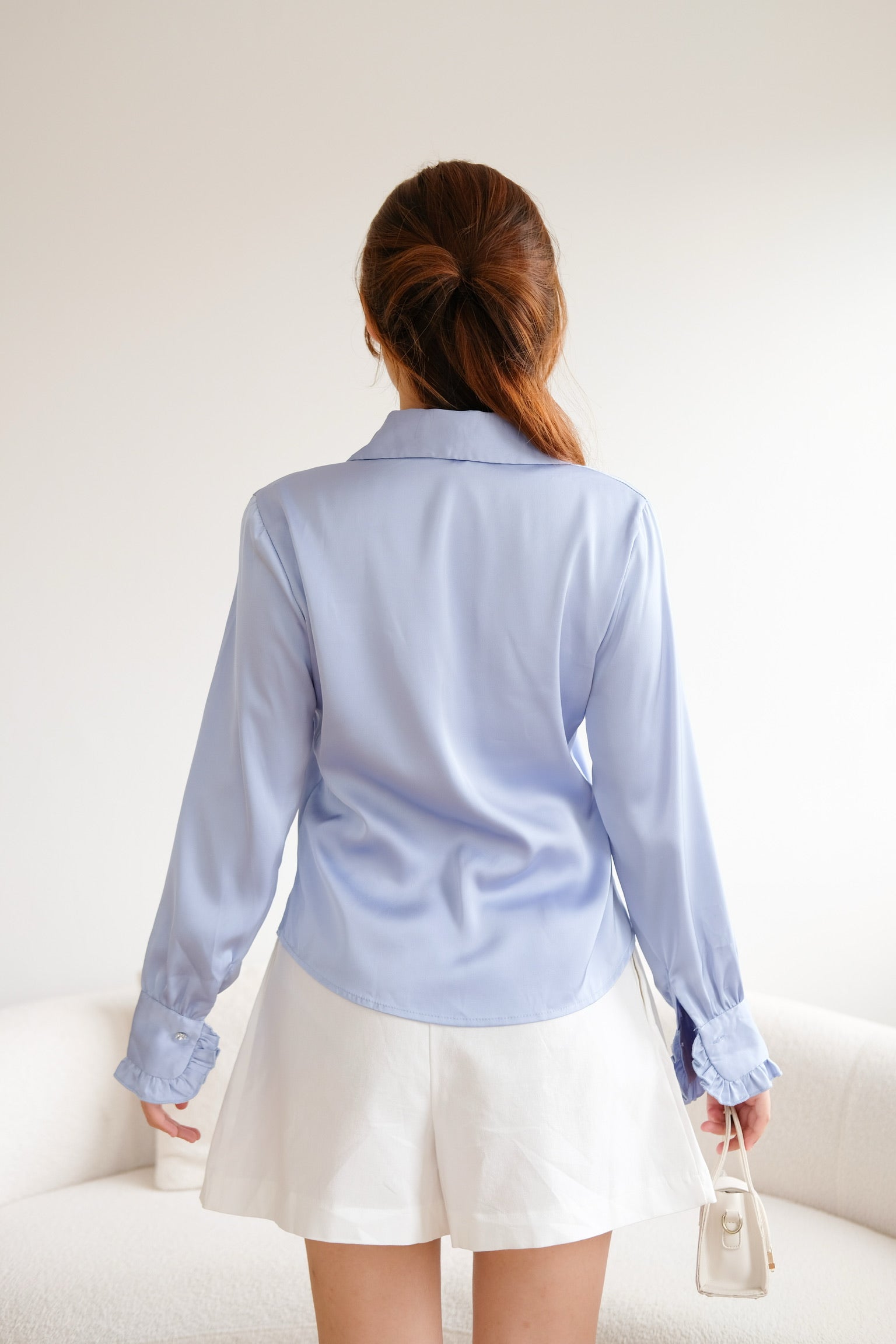 Satin Ruffle Buttons Collared Top (Light Blue)