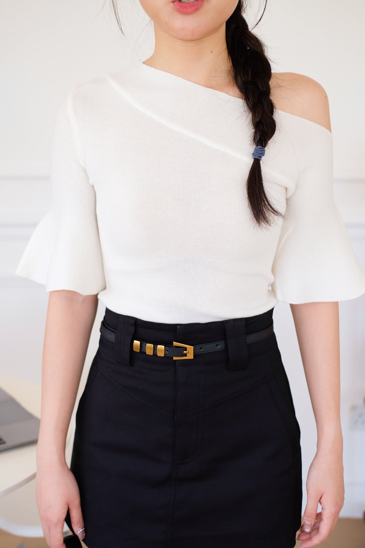 Elva Bell Sleeves Knit Top (White)