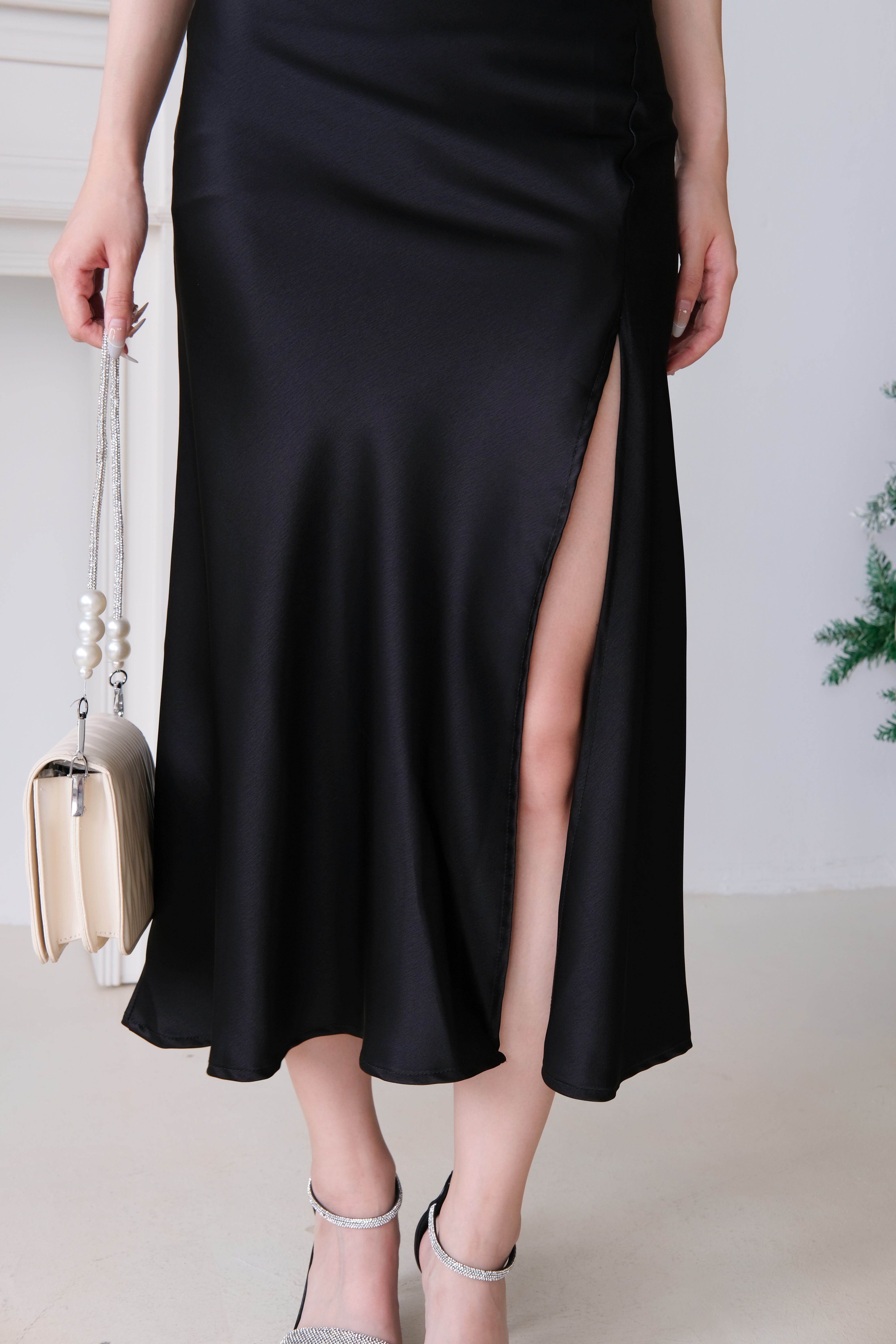 Angel Draped Mermaid Satin Midi Dress (Black)