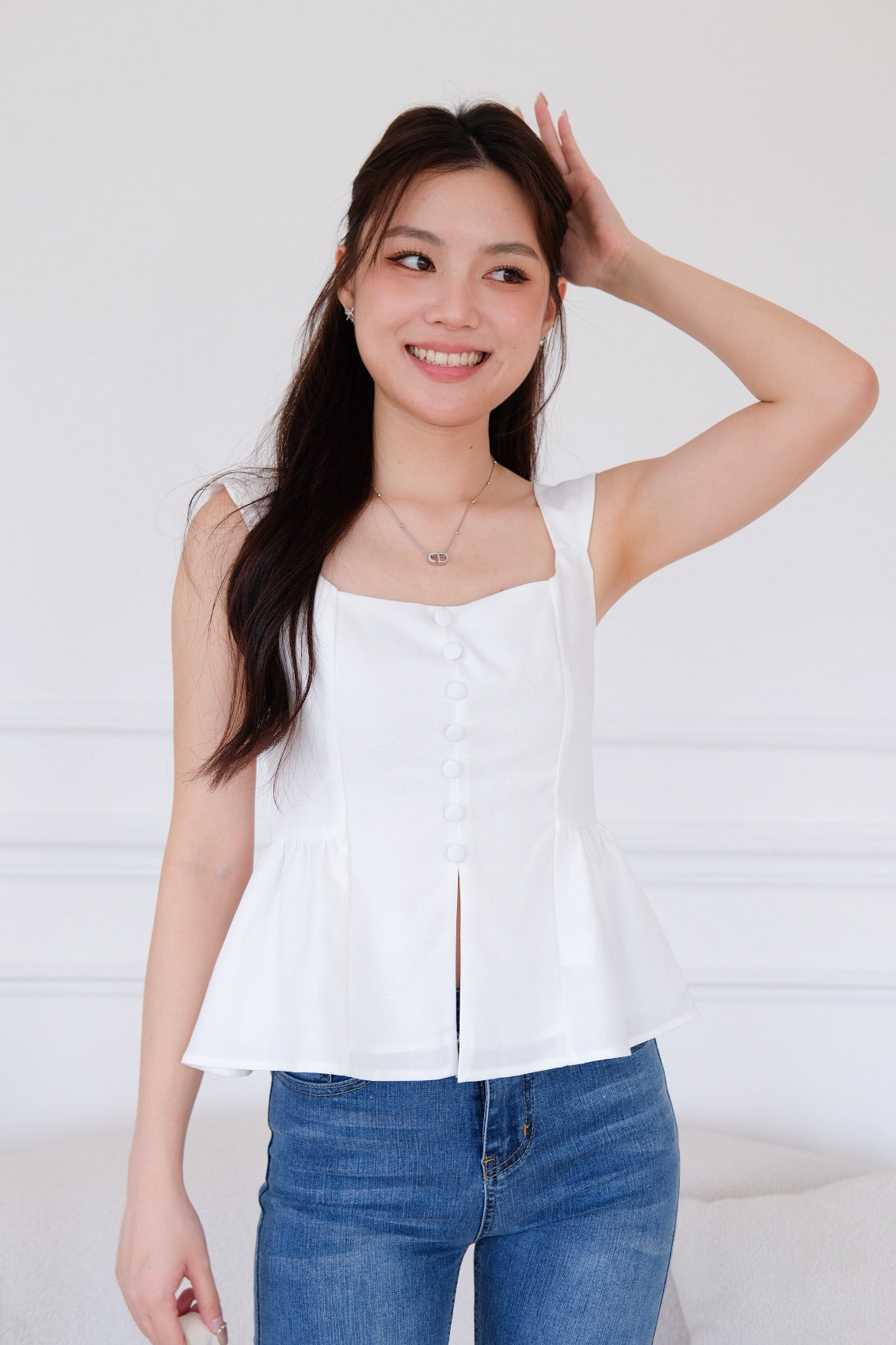 Naylie Peplum Front Slit Top (White)