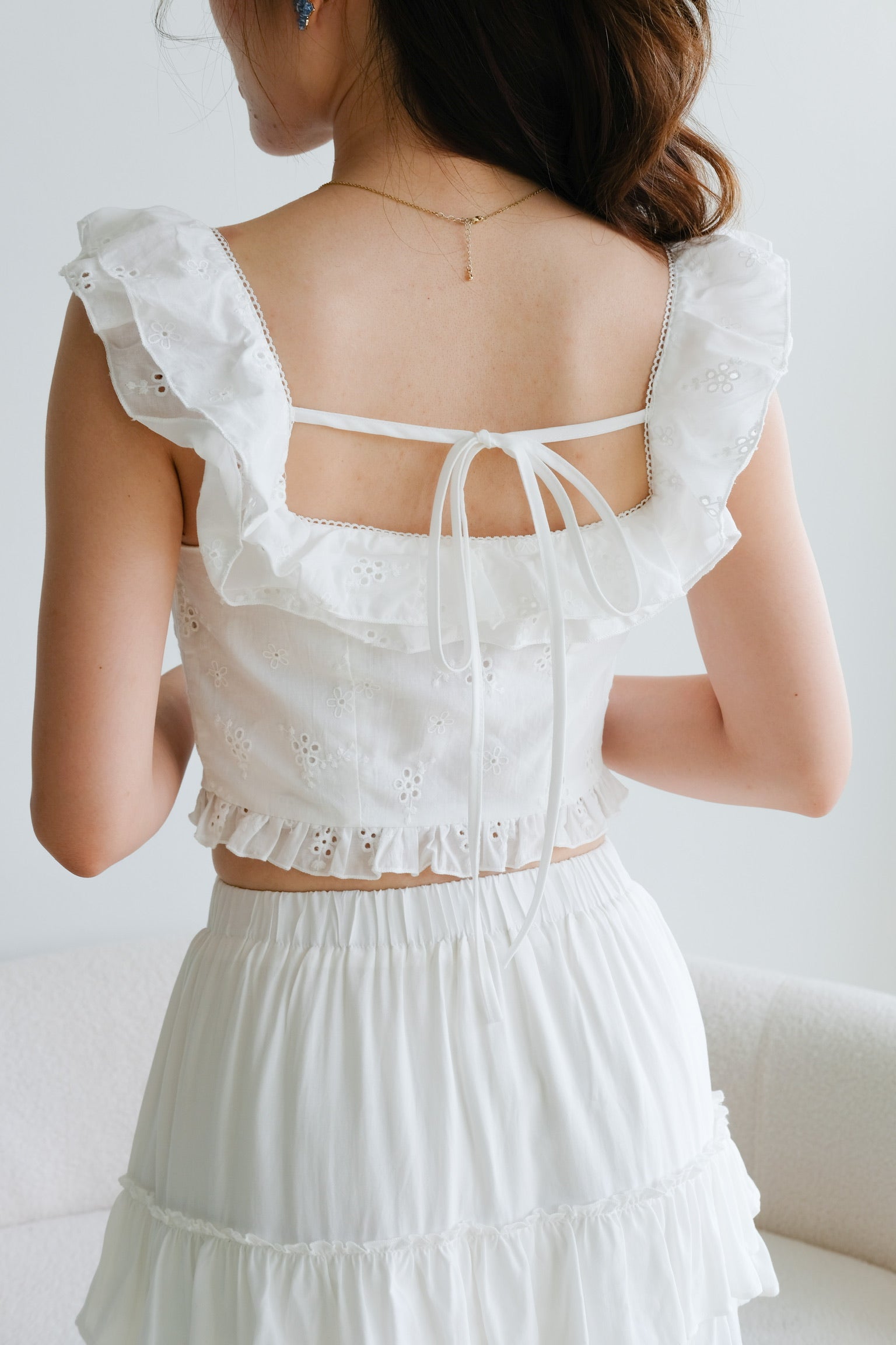 Ester Crochet Eyelet Ruffle Crop (White)