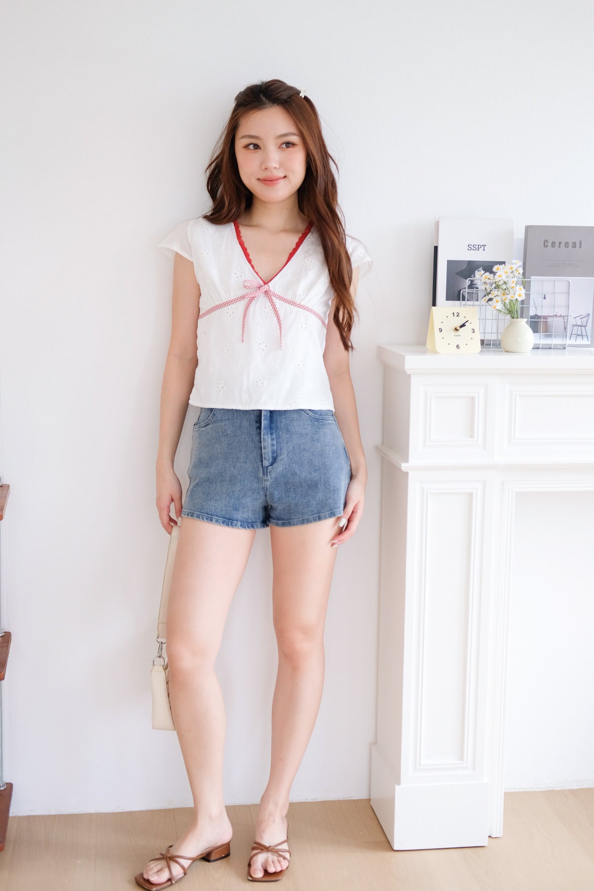 Joyce Eyelet Contrast Ribbon Top (White)