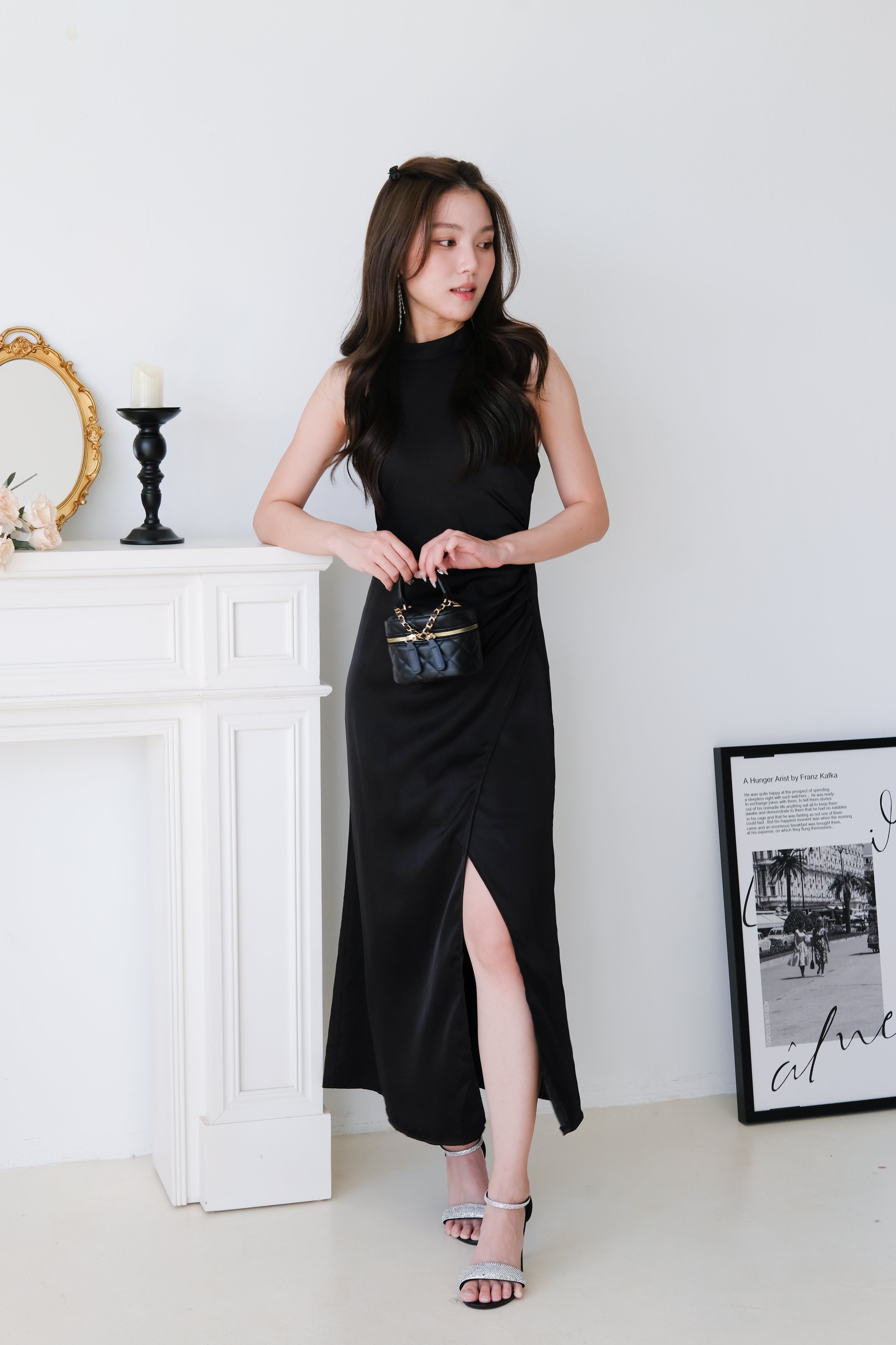 Elyanne Halter Satin Slit Maxi Dress (Black)