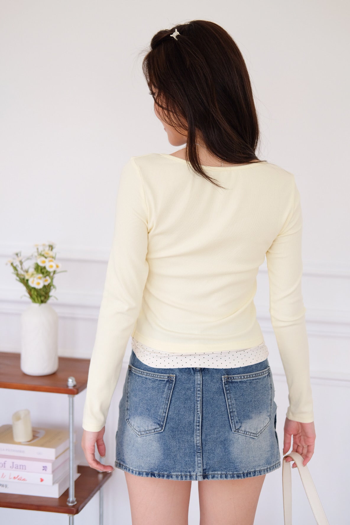 Ahyeon Contrast Polka Long Sleeve Top (Light Yellow)