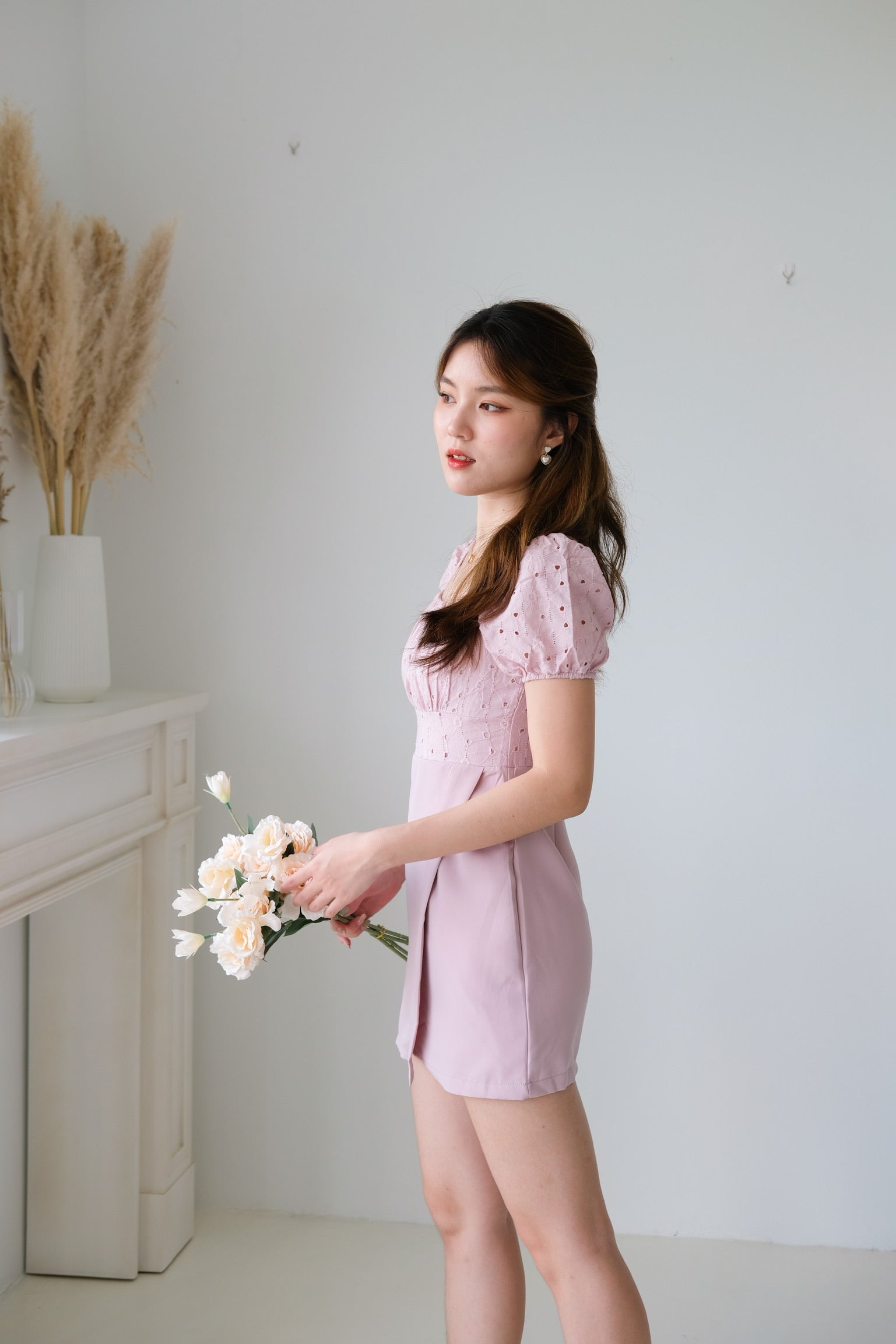 Kathryn Crochet Ruched Dress (Dusty Pink)