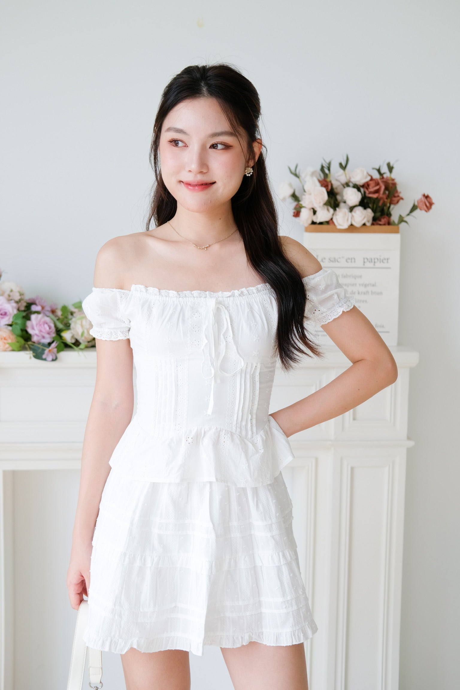Nara Eyelet Off Shoulder Crop (White)