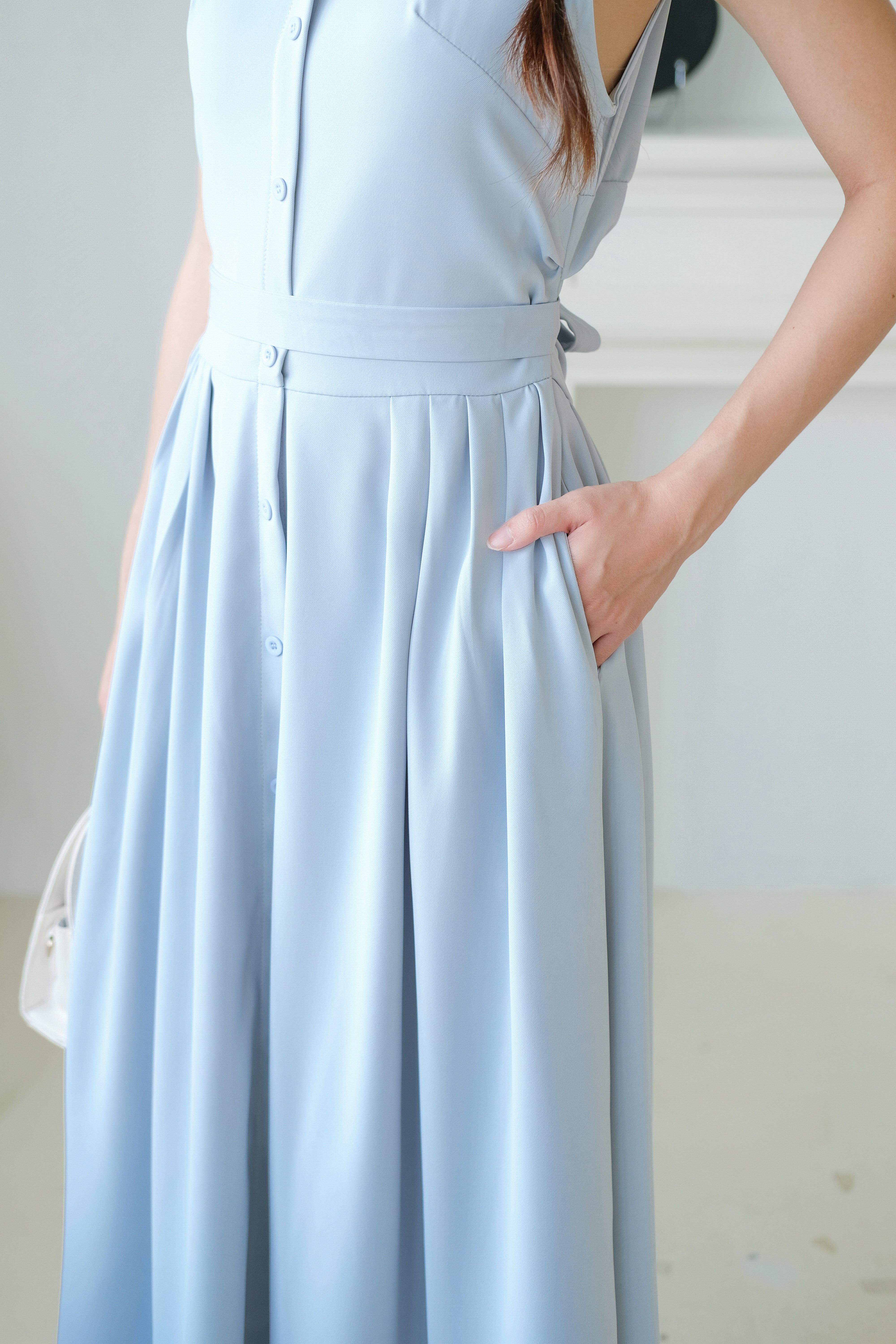 Camille Cinched Waist Collared Maxi Dress (Dusty Blue)
