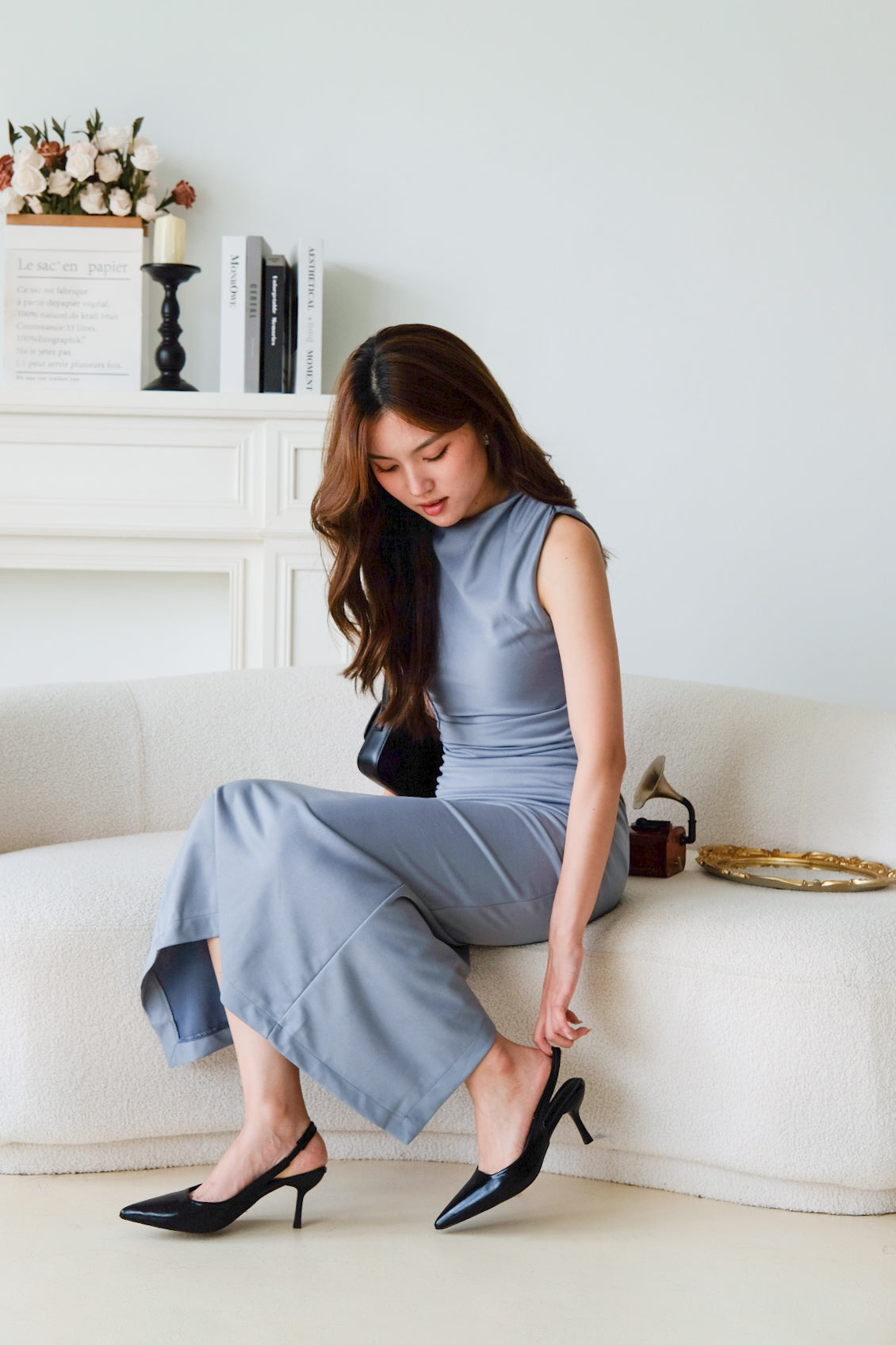 Paisley Ruched Jewel Bodycon Dress (Dusty Blue)