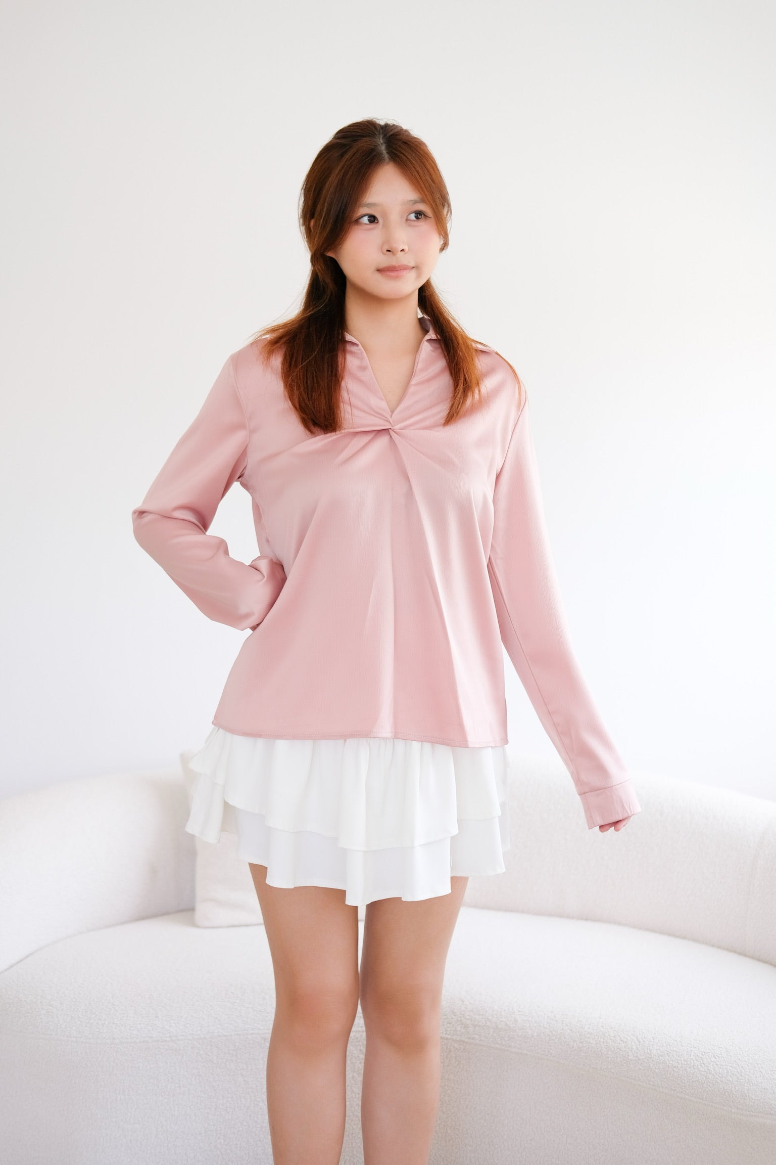 Pink Satin Collared Long Sleeved