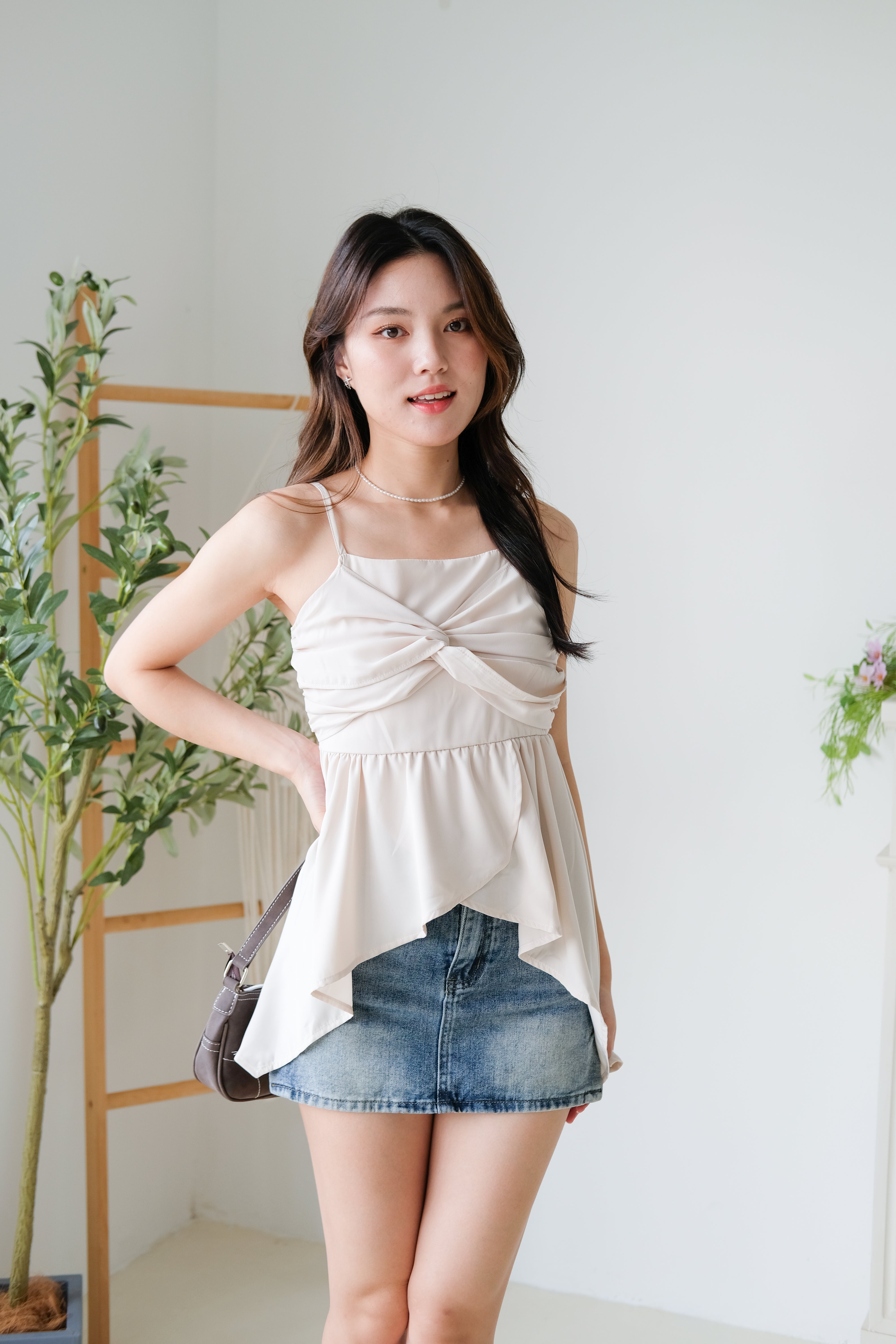 Natalie Twist Ruffle Asymmetrical Top (Beige)