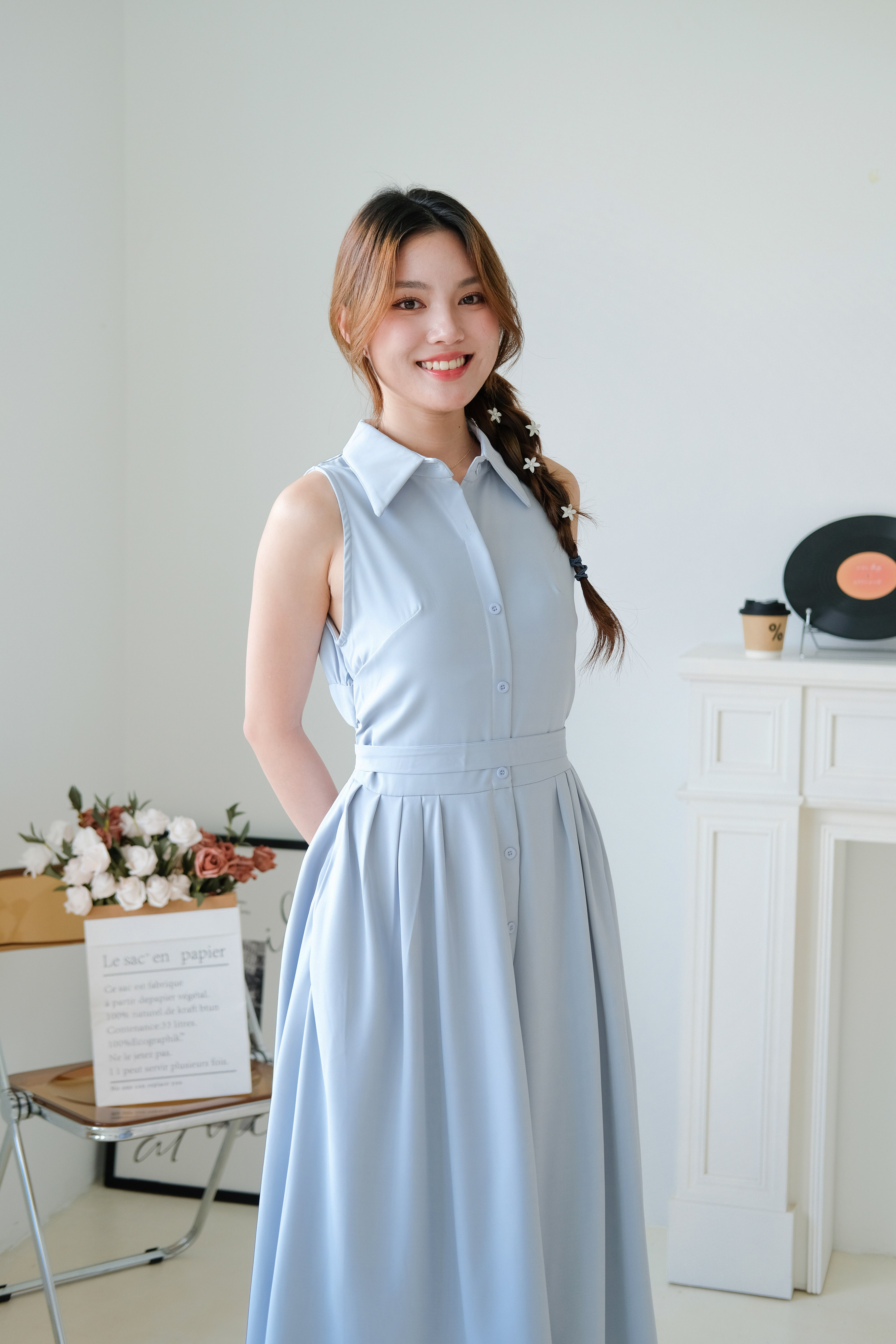 Camille Cinched Waist Collared Maxi Dress (Dusty Blue)