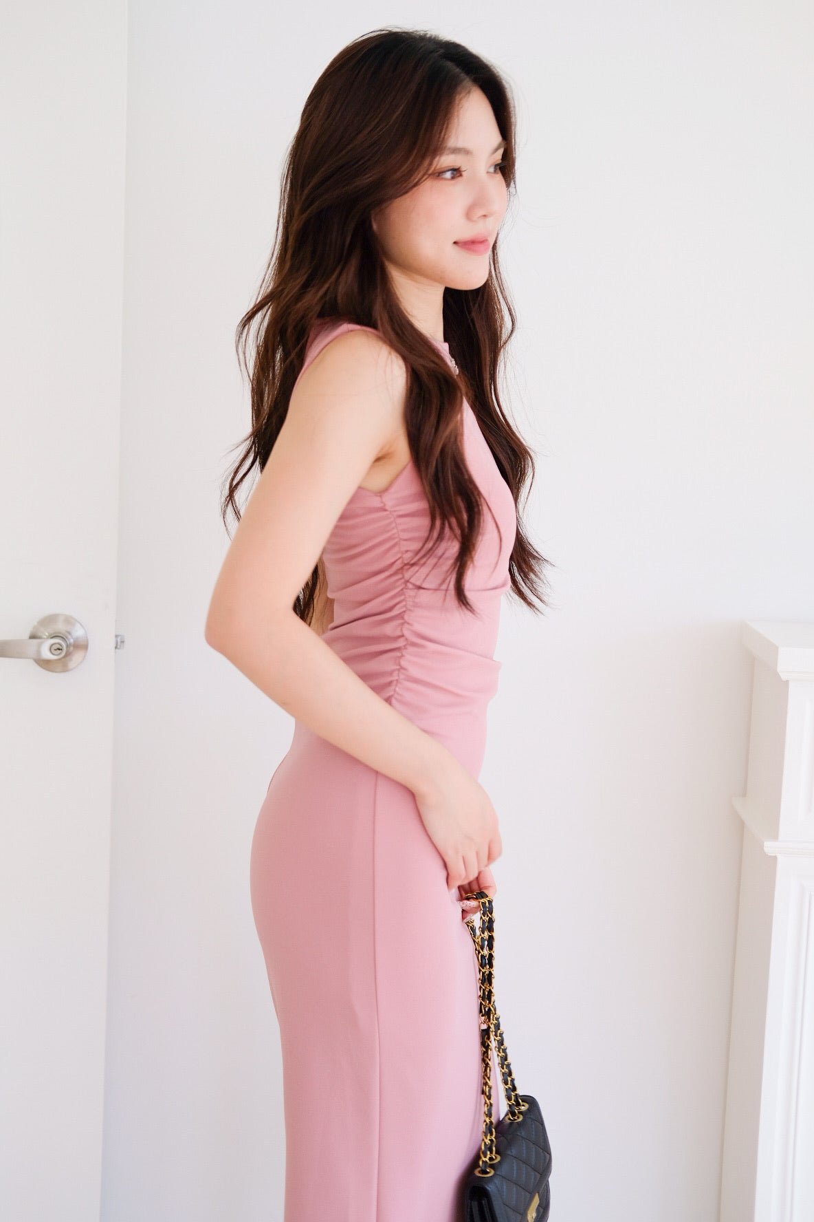Brianna Ruched Jewel Bodycon Maxi Dress (Rouge Pink)