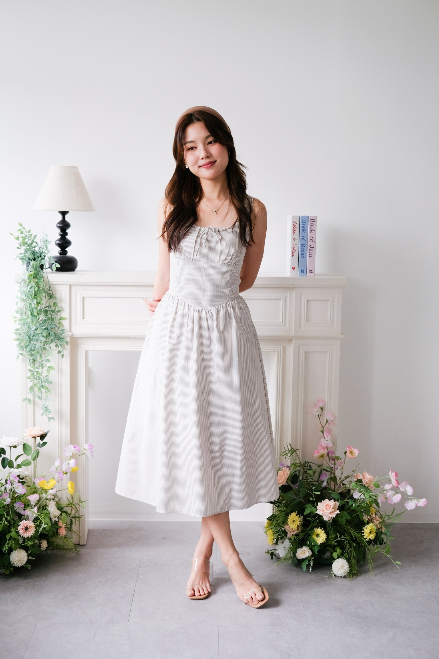 Carmie Thick Waist Midi Dress (Beige Stripes)