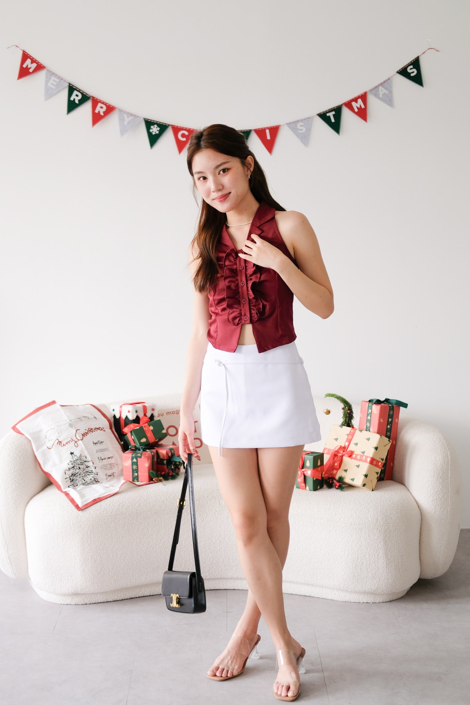 Naru Ruffle Collared Crop Top (Maroon)