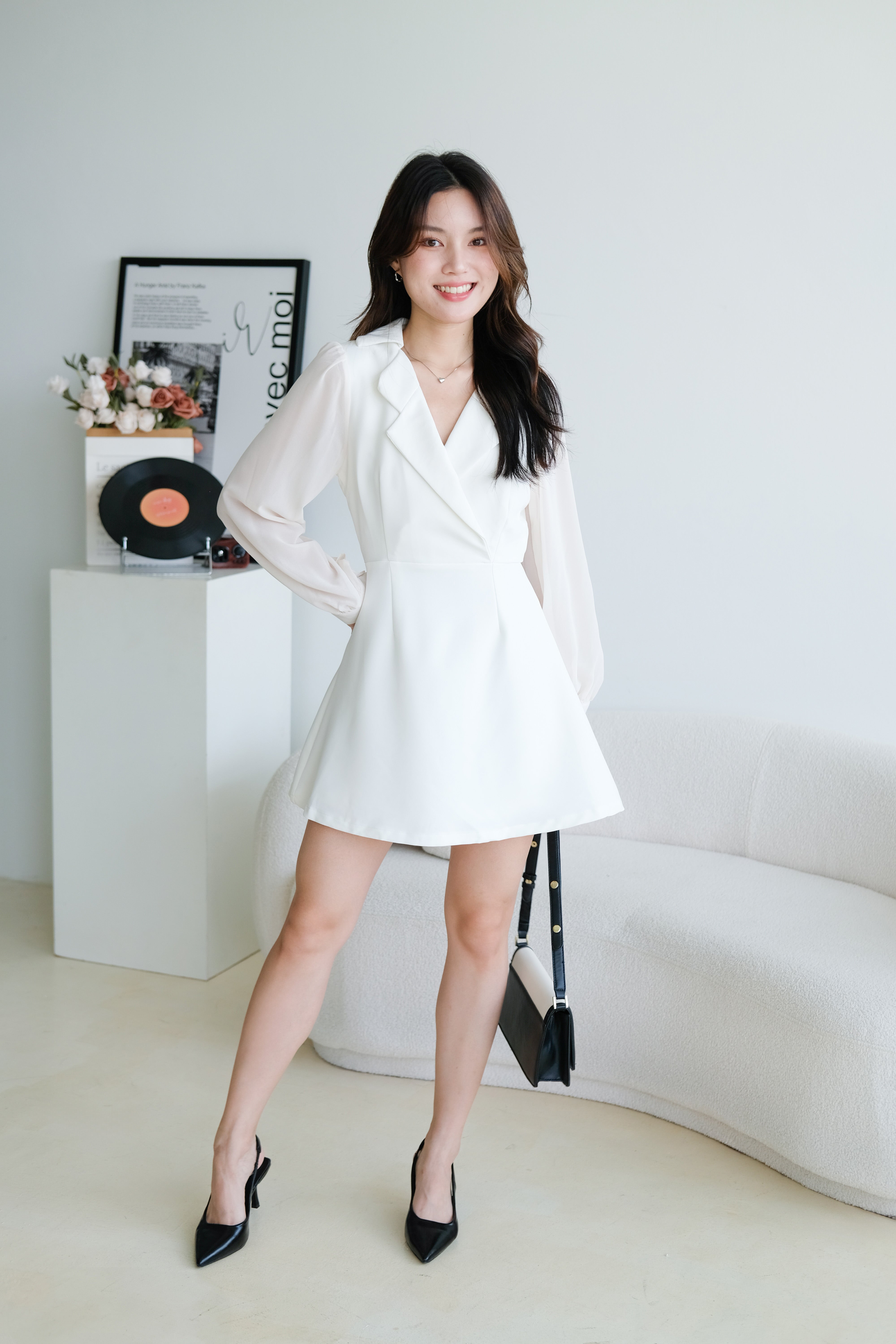 Louisa Blazer Sleeve Dress (White)