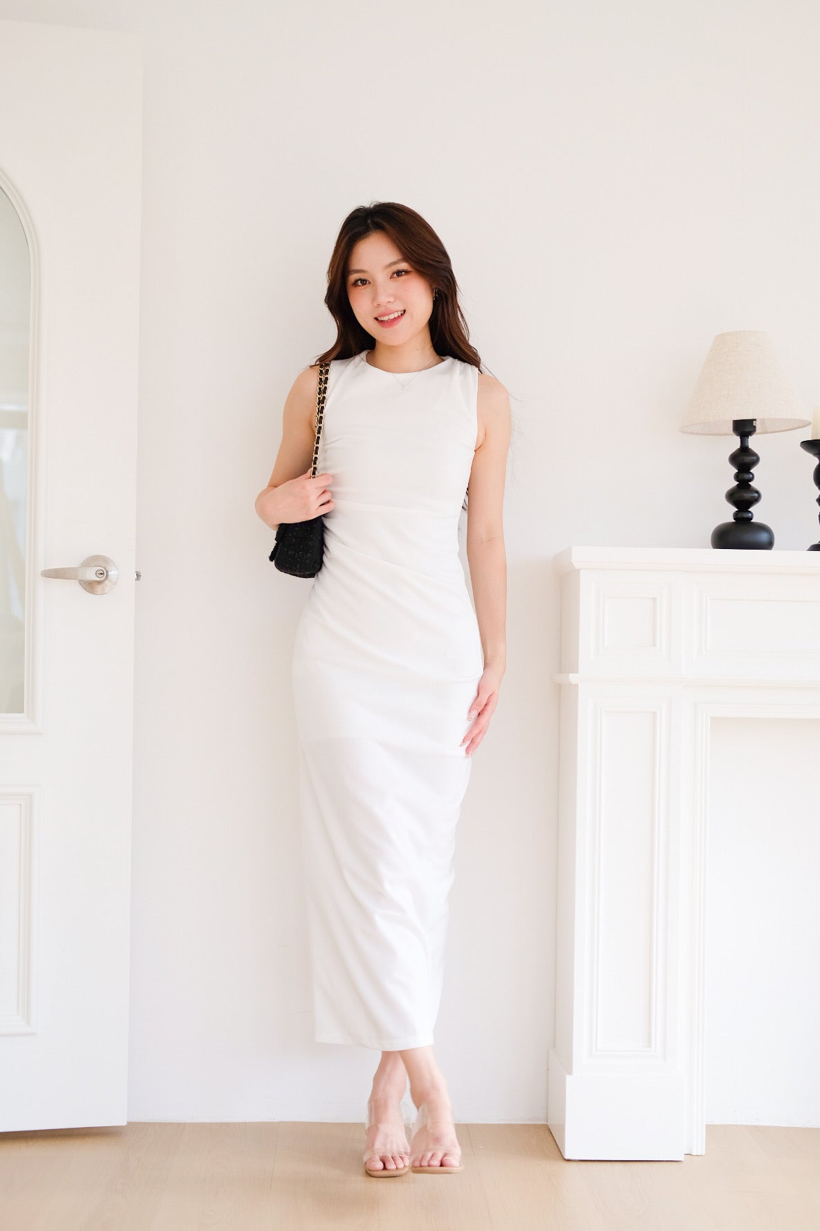 Brianna Ruched Jewel Bodycon Maxi Dress (White)