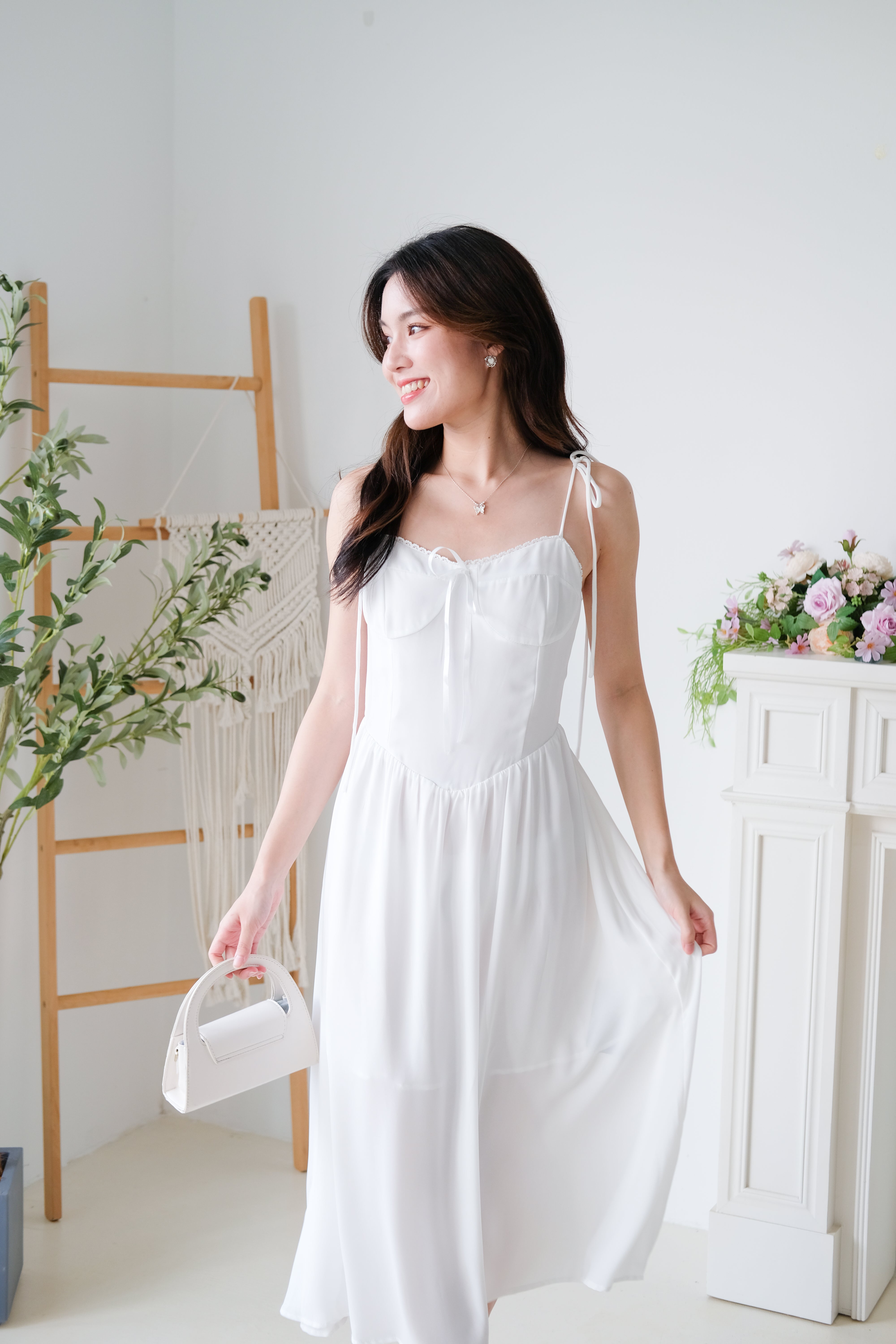 Rowena Coquette Midi Dress (White)