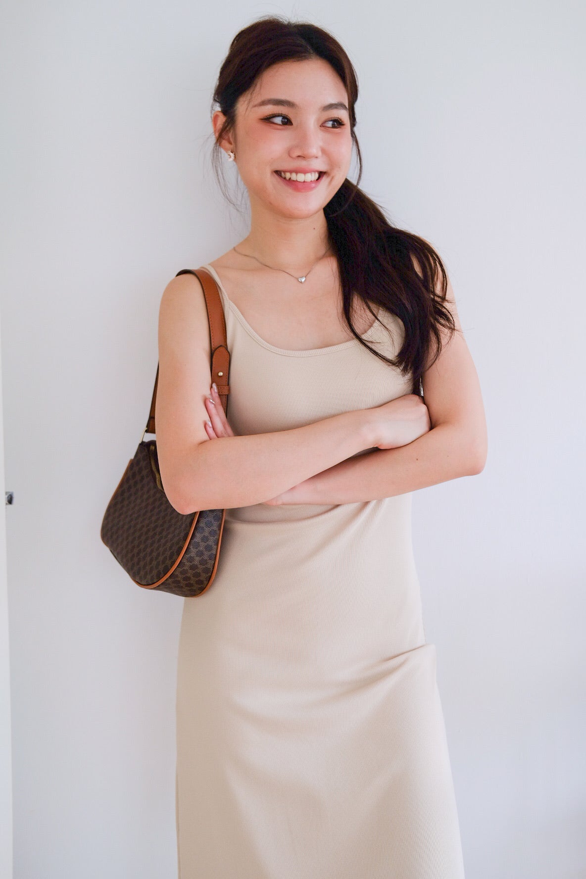 Jocelyn Padded Ribbed A Line Dress (Oat Beige)