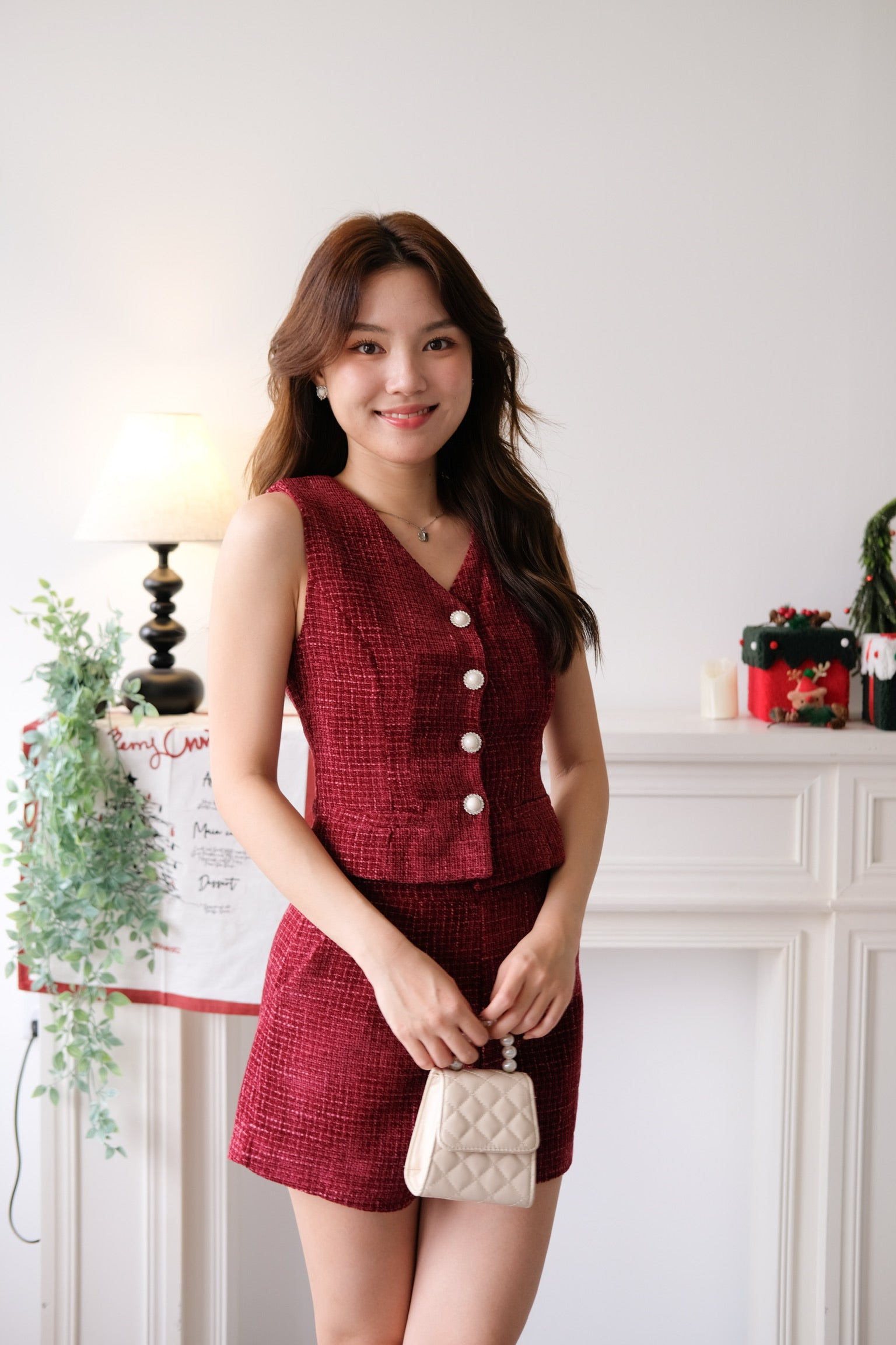 Eleanor Velvet Tweed Set (Burgundy)