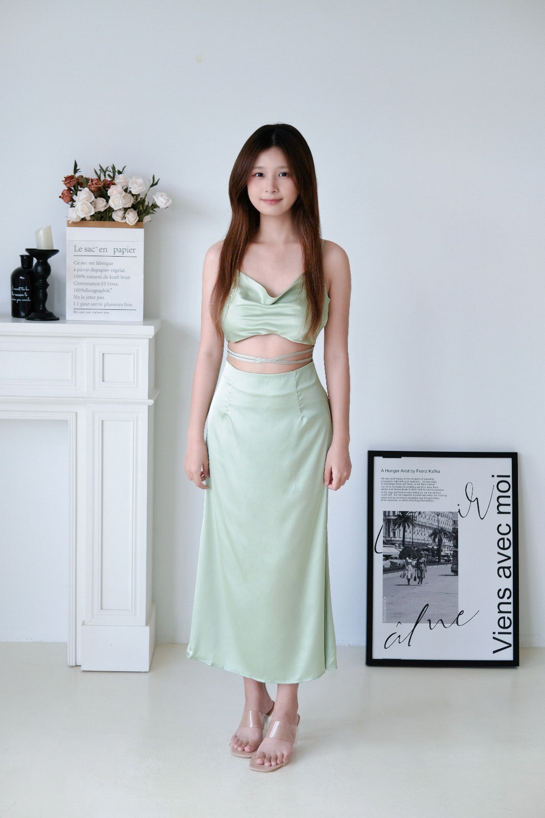 Sage Green Satin Cowl Neck Cutout Midi Dress