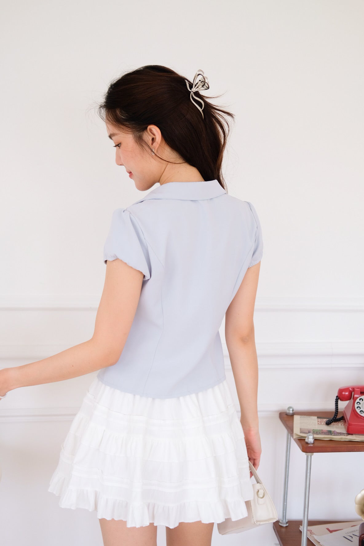 Marais Collared Ruffle Blouse Top (Nude Blue)
