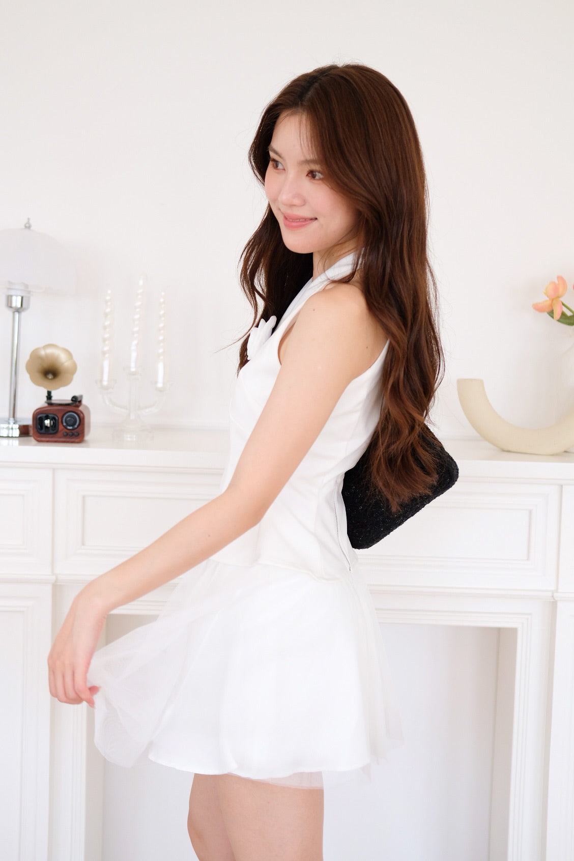 Rosette Halter Flare Crop (White)