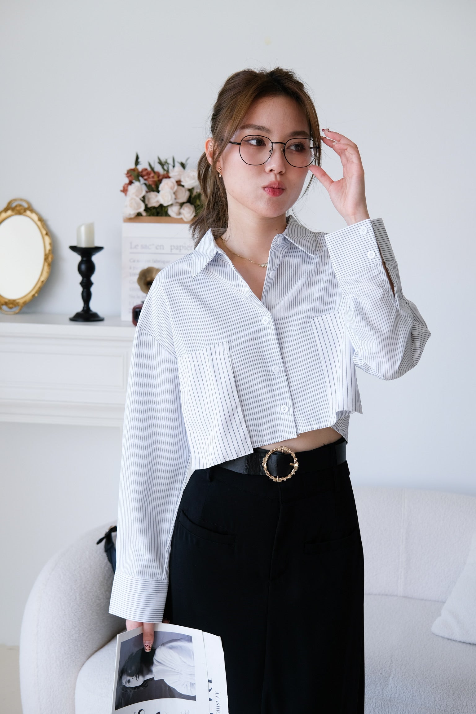 Rora Oversized Stripes Cropped Blouse (White)