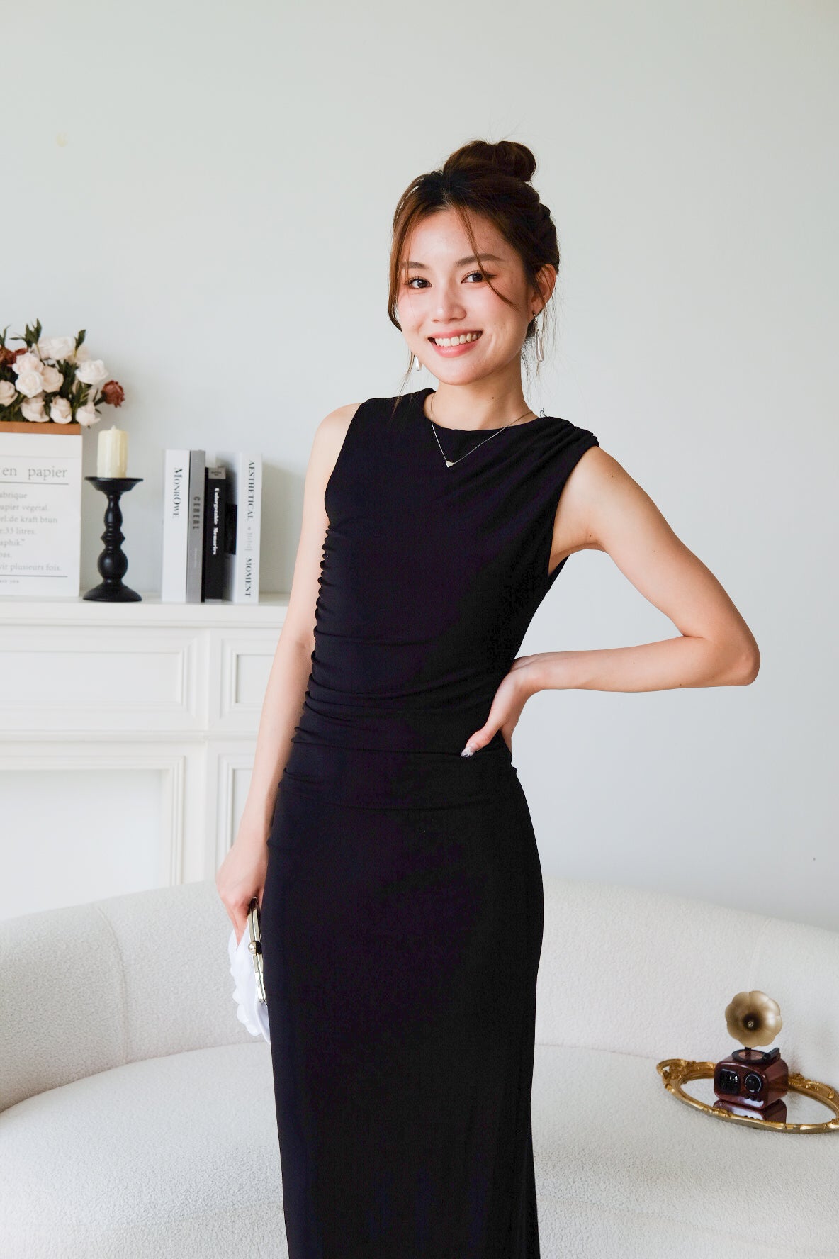 Paisley Ruched Jewel Bodycon Dress (Black)