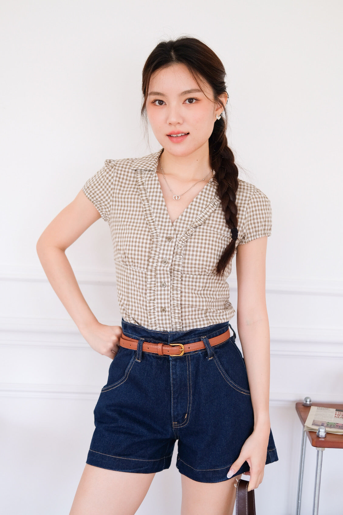 Marais Collared Ruffle Blouse Top (Gingham Olive)