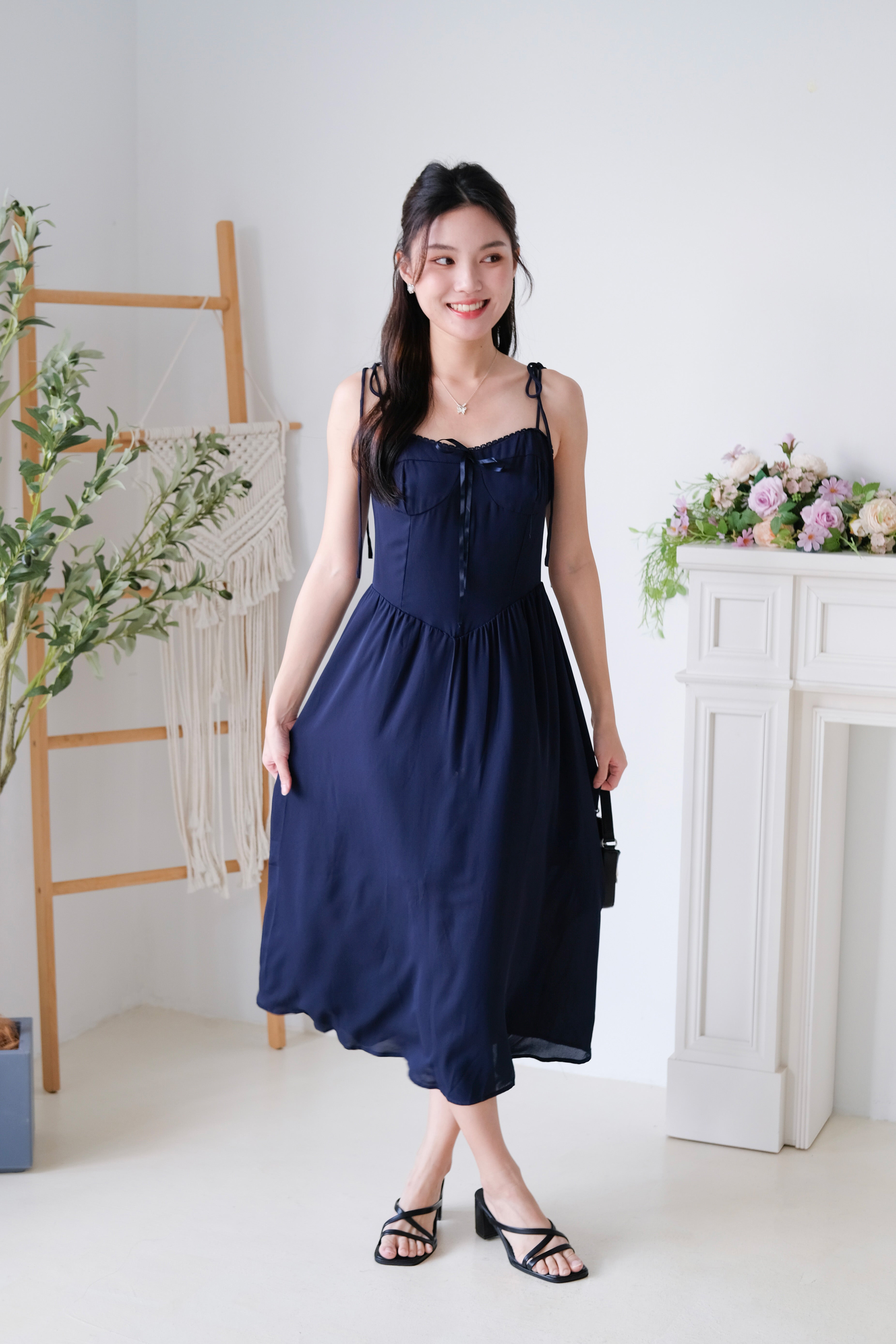Rowena Coquette Midi Dress (Navy Blue)