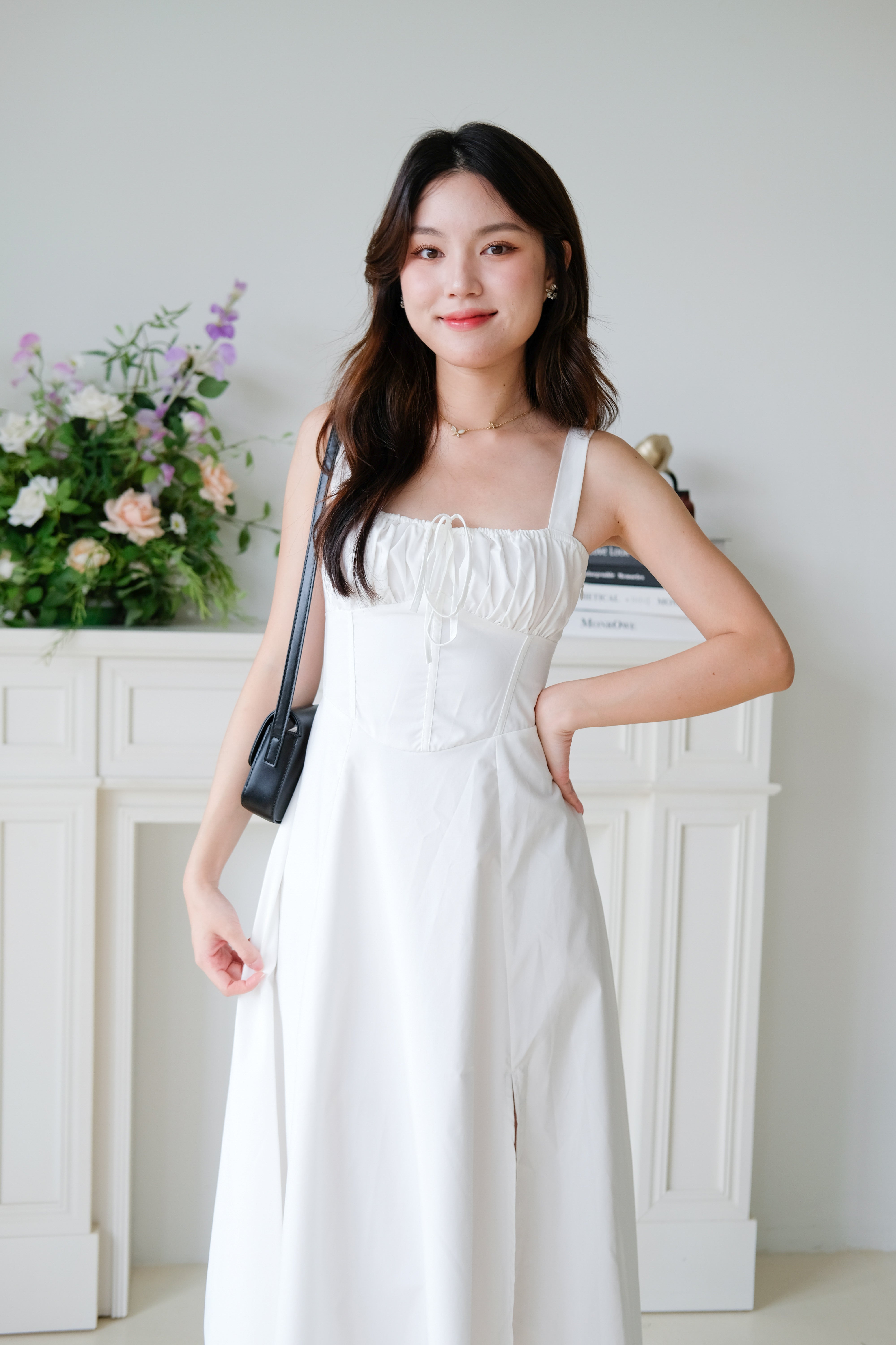 Claire Ruched Slit Maxi Dress (White)