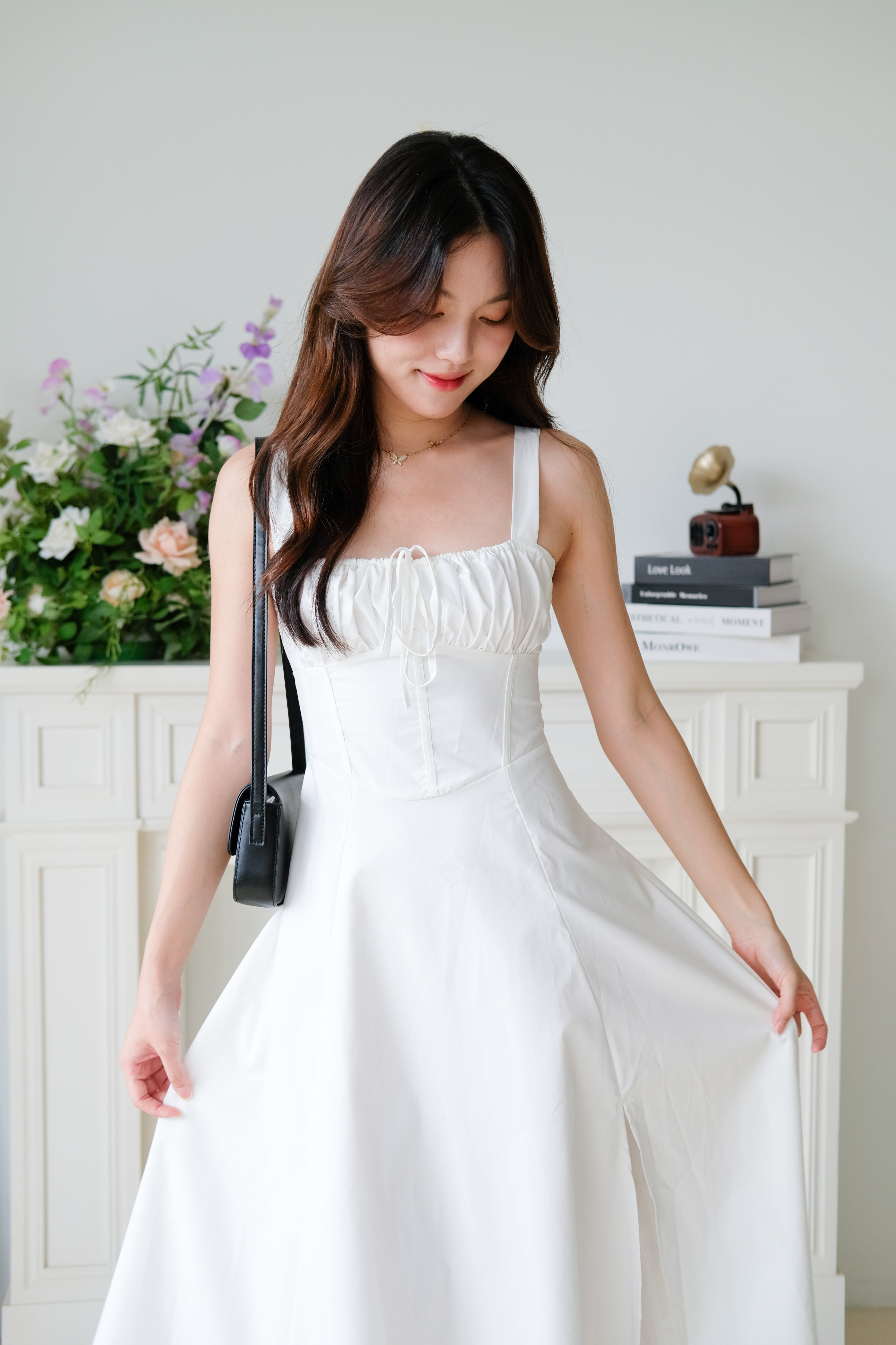 Claire Ruched Slit Midaxi Dress (White)
