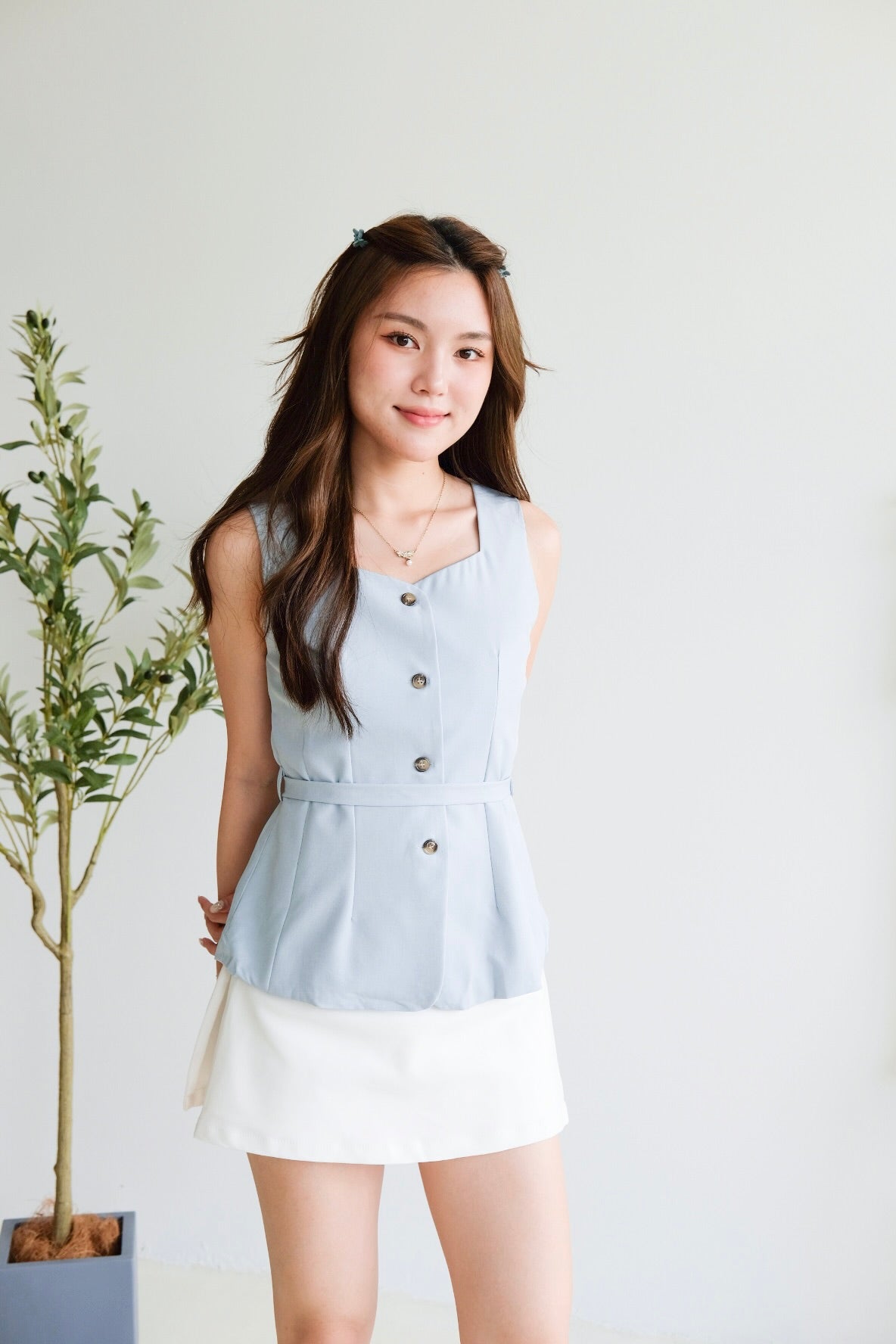 Katie Sweetheart Waist-Tie Top (Sky Blue)