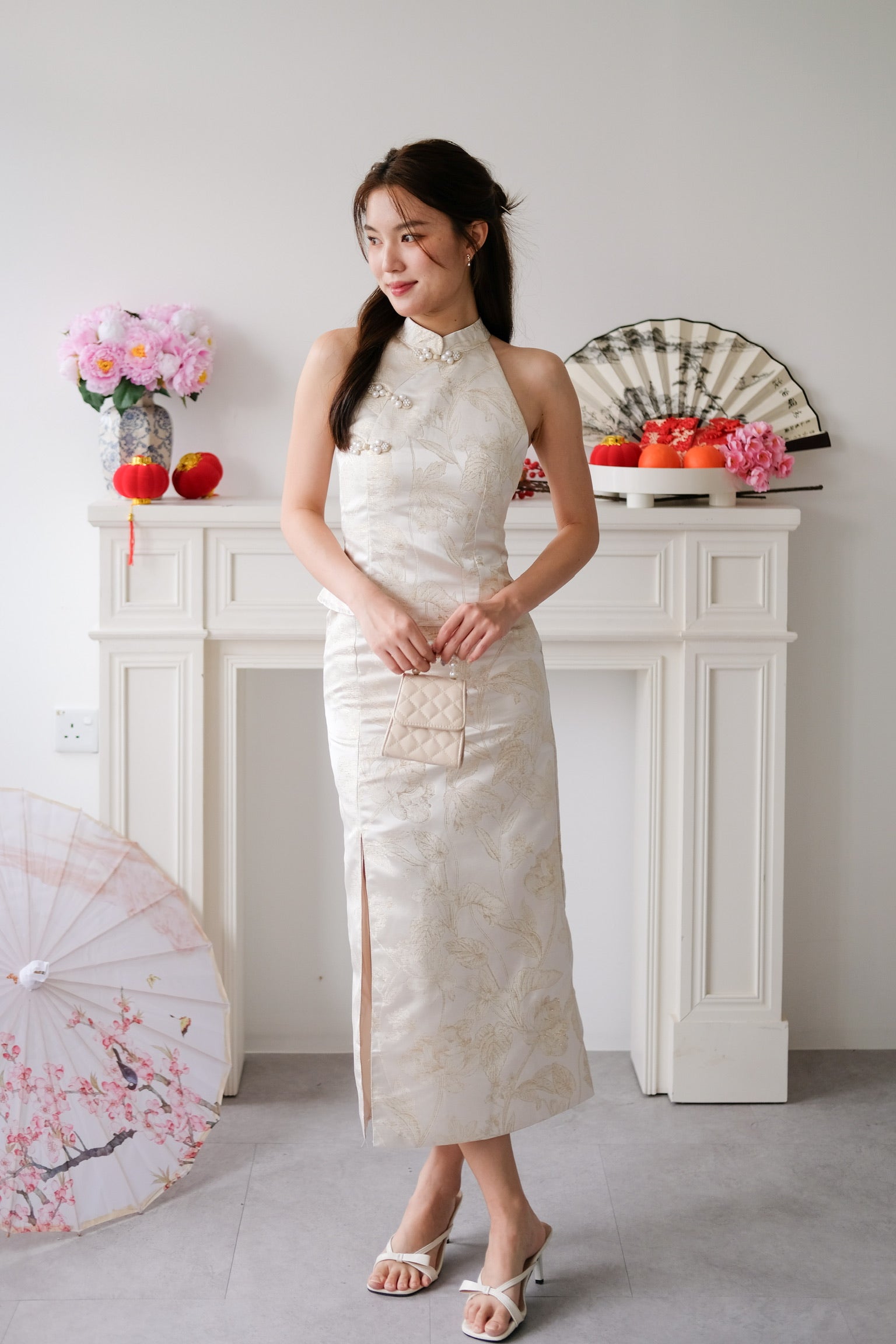 Yan Xi Halter Maxi Cheongsam Set (Cream Gold)