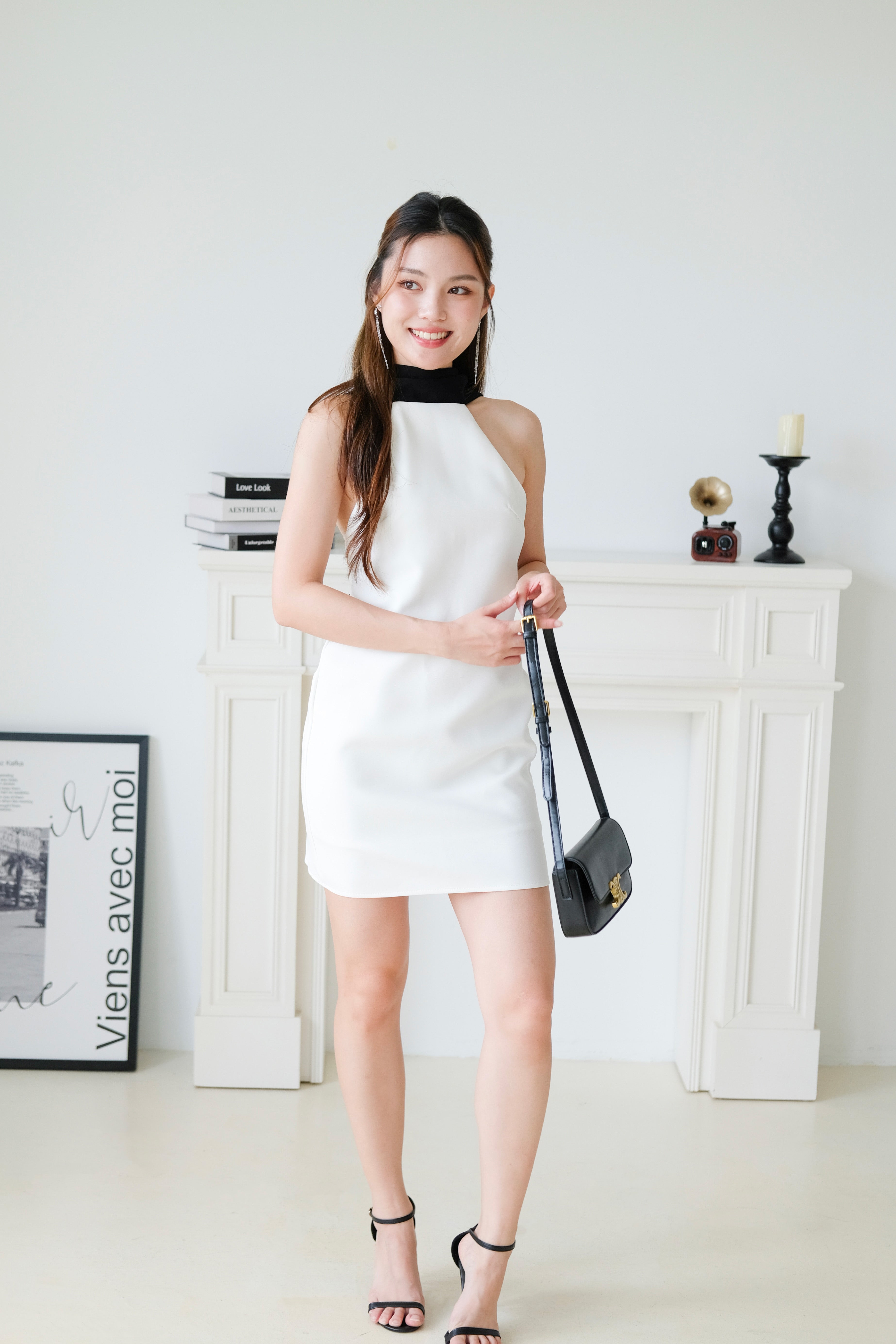 Axelle Contrast Bareback Halter Dress (White)