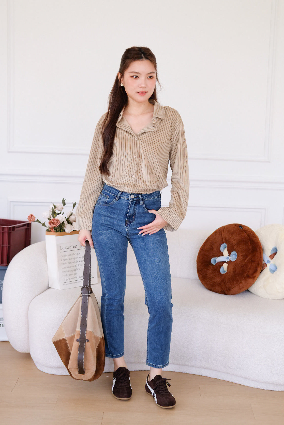 Henley Pinstripe Suede Shirt (Khaki)