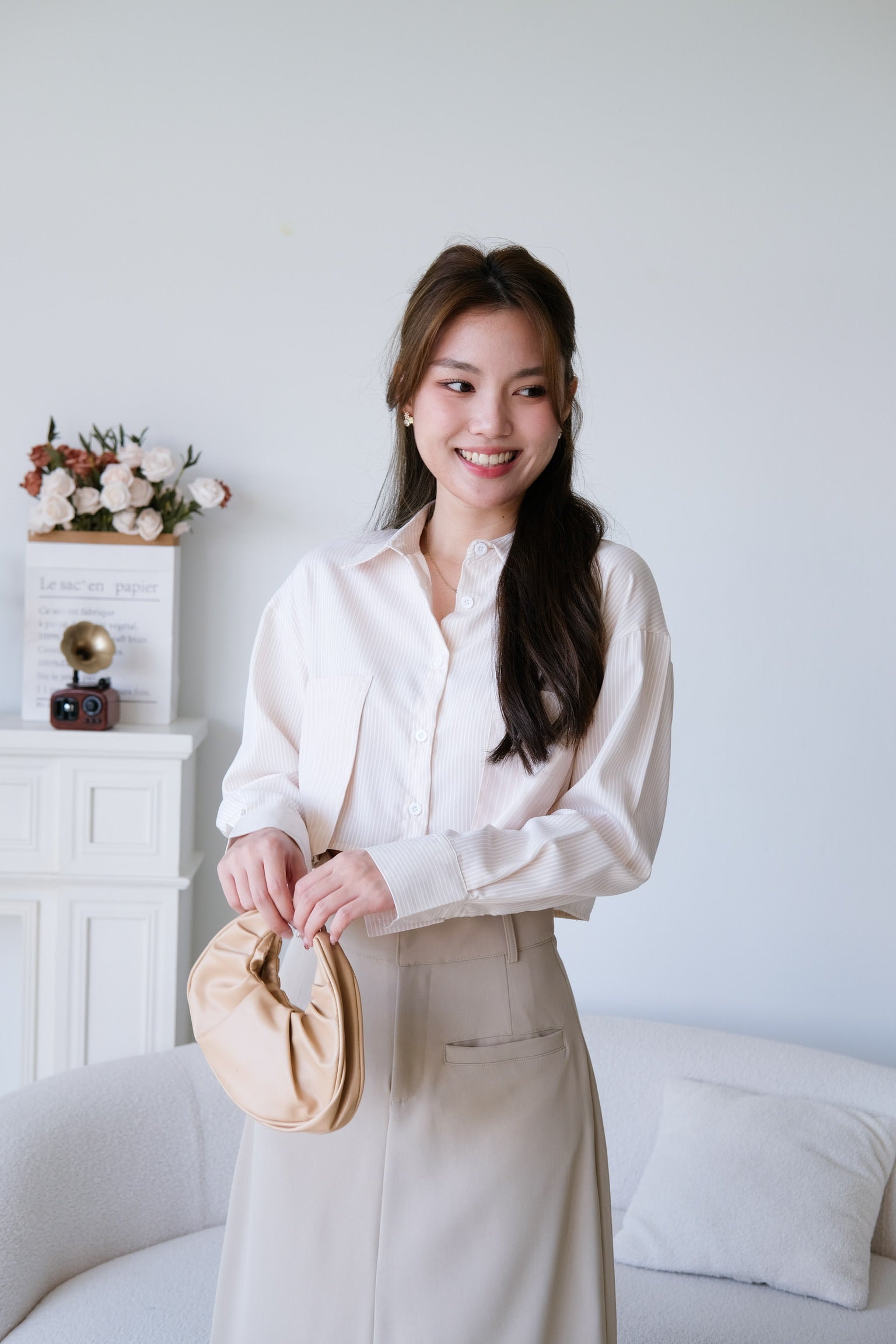 Rora Oversized Stripes Cropped Blouse (Beige)