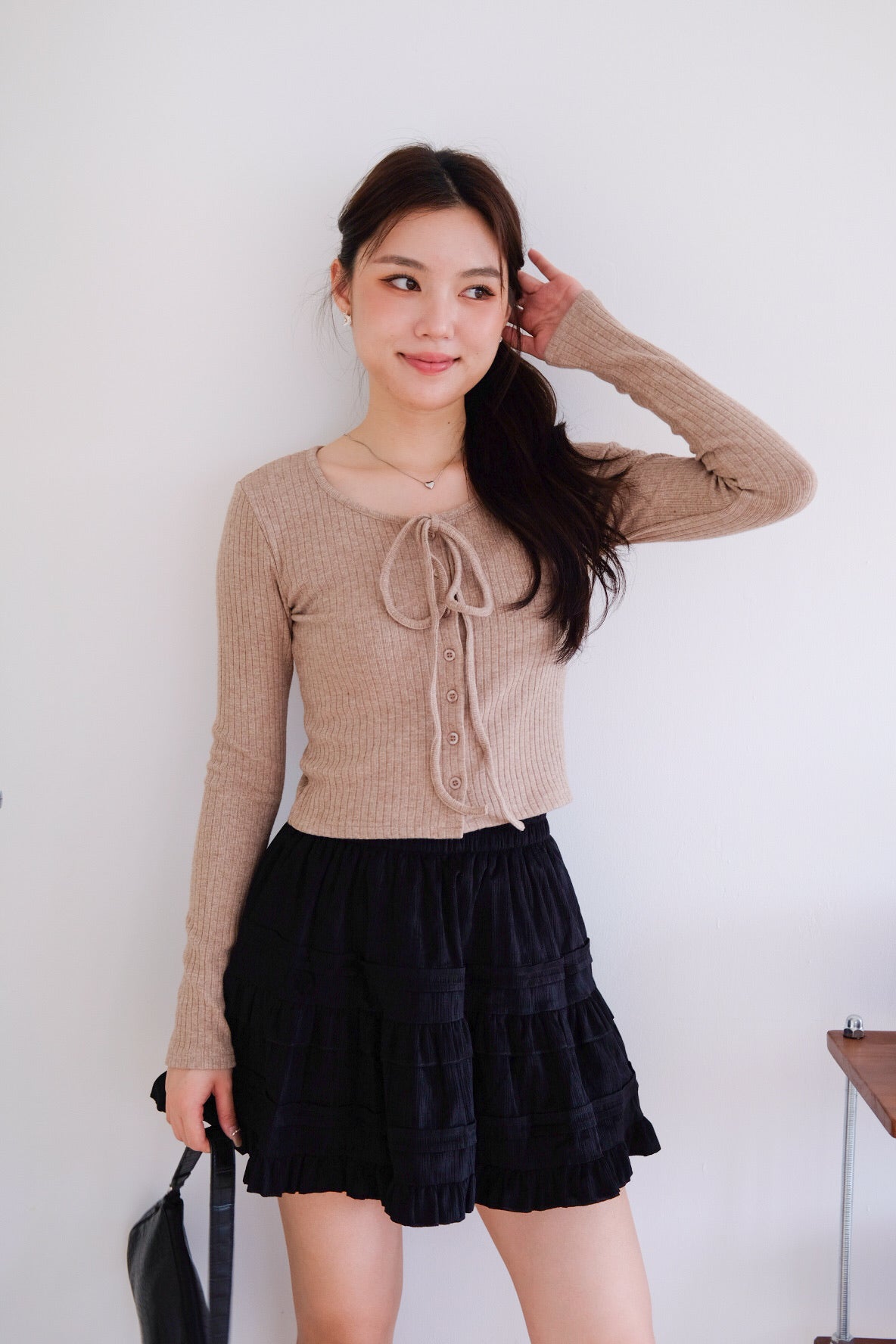 Coco Ribbon Long Sleeve Knit Top (Light Brown)