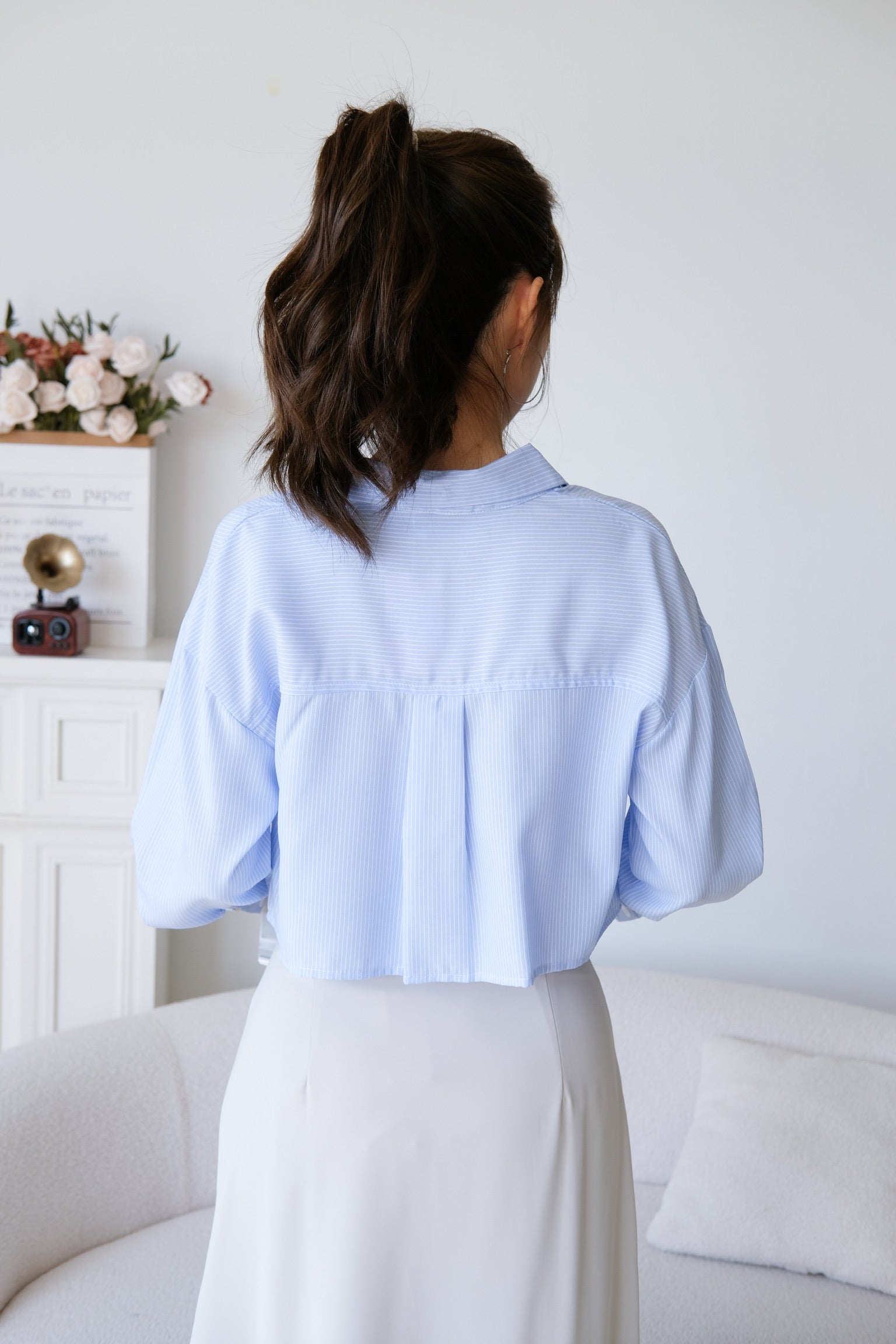 Rora Oversized Stripes Cropped Blouse (Blue)