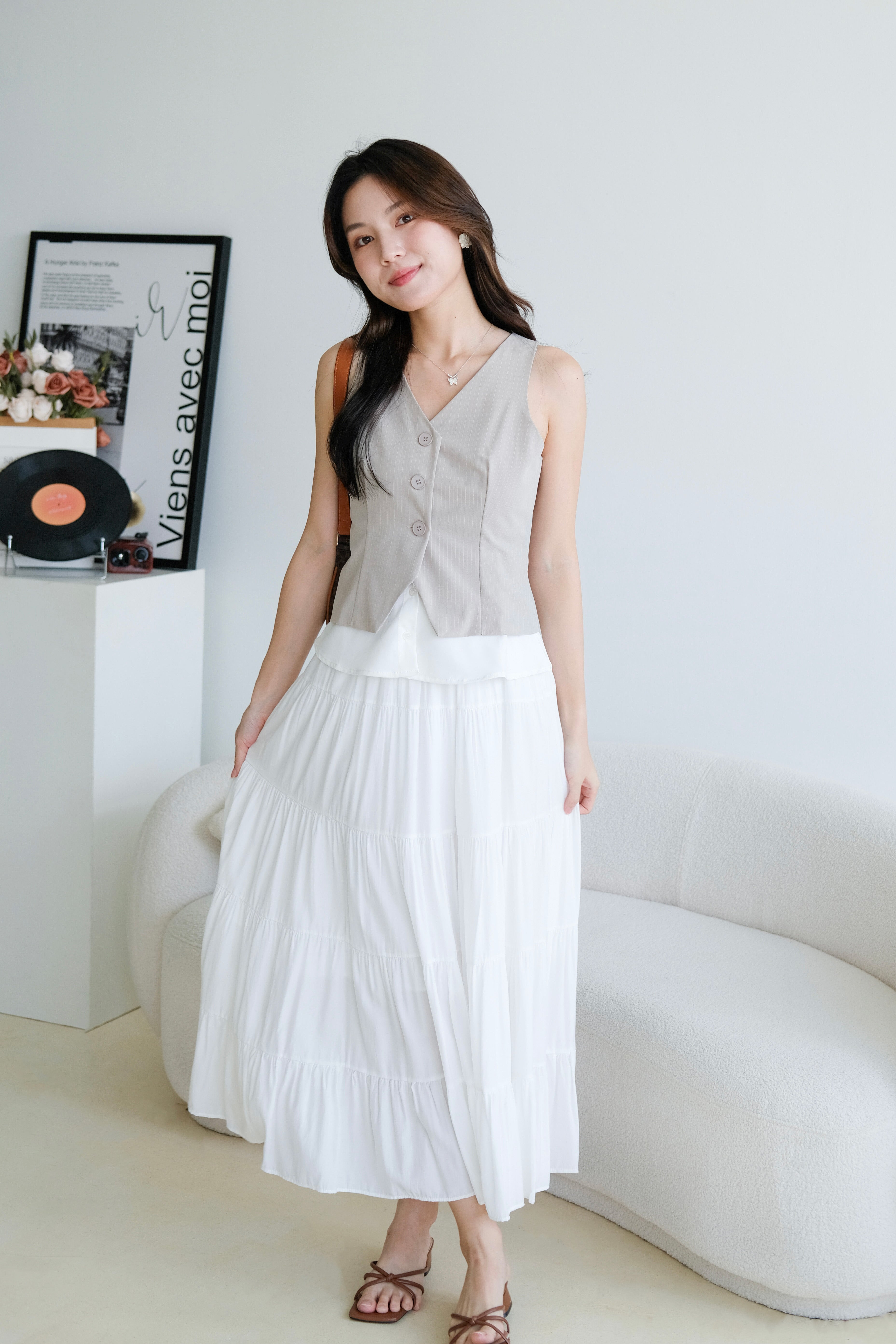 Veen Pinstripe Contrast Vest Top (Light Grey)