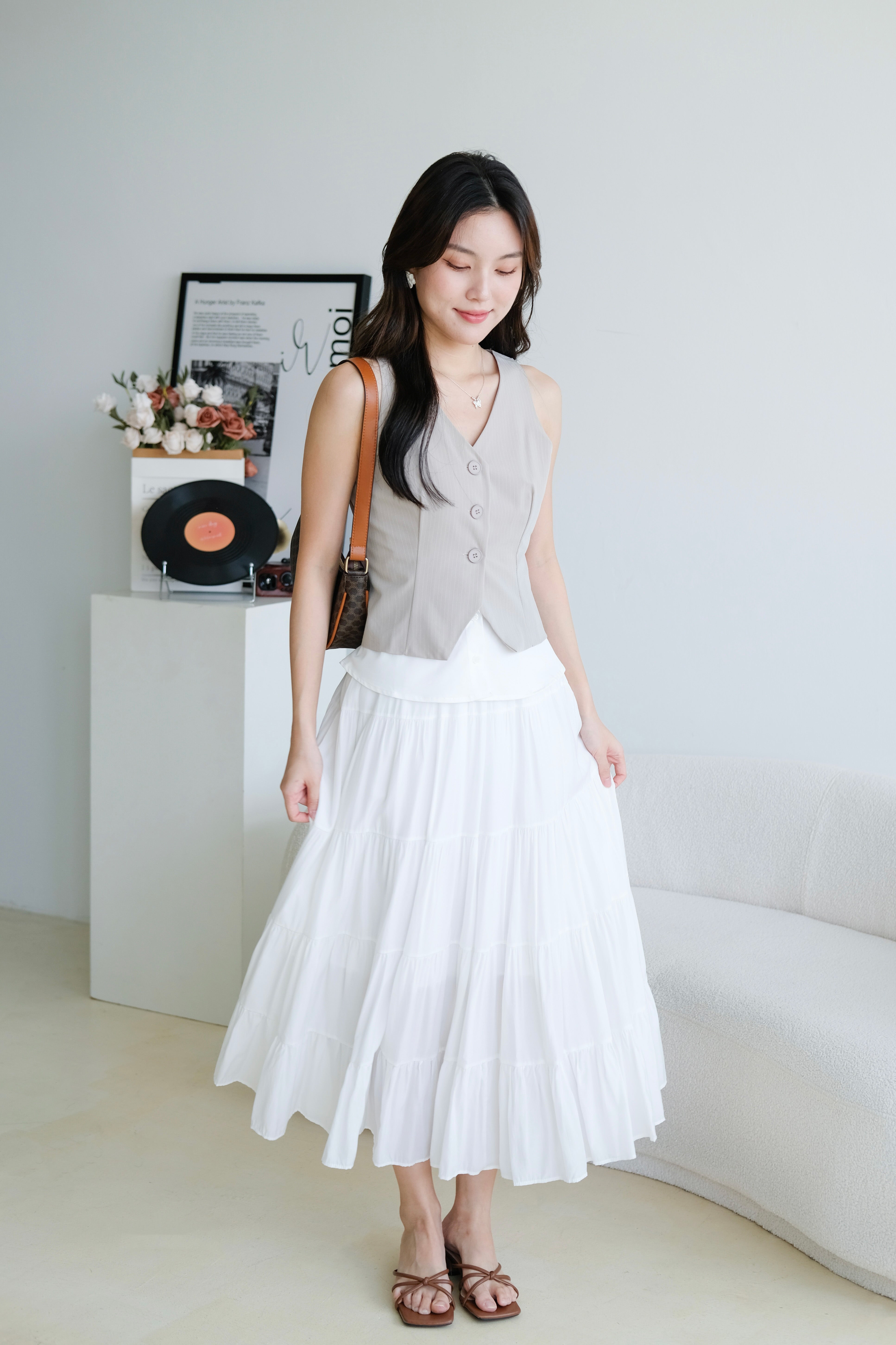 Veen Pinstripe Contrast Vest Top (Light Grey)