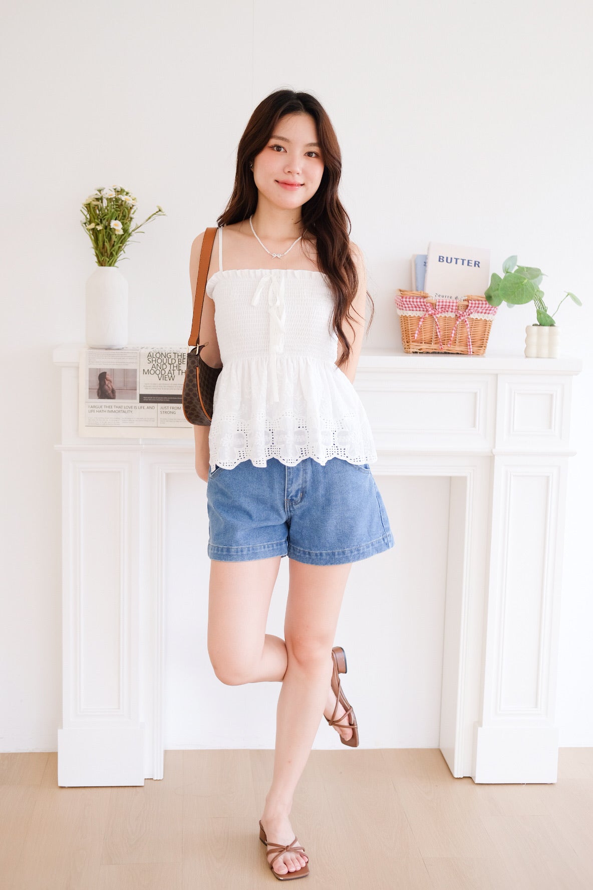 Selina Smocked Ribbon Eyelet Top (White)