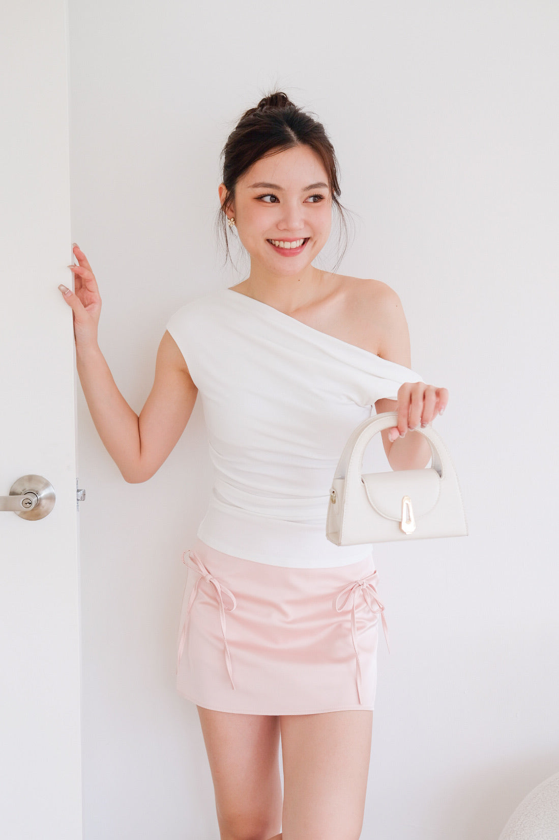 Deborah One Shoulder Ruched Top (White)