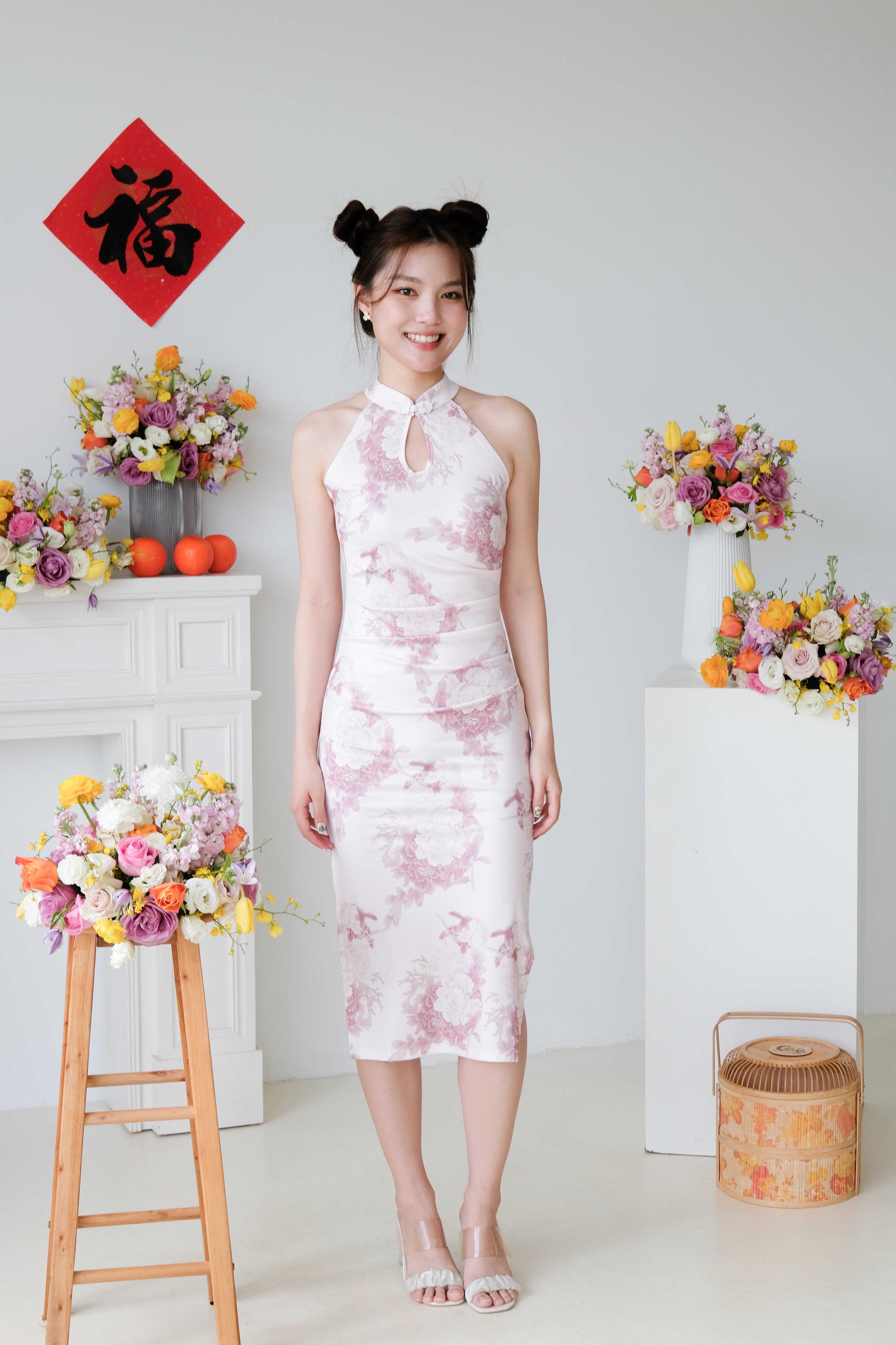 Hua Halter Slit Midi Cheongsam (Light Pink)