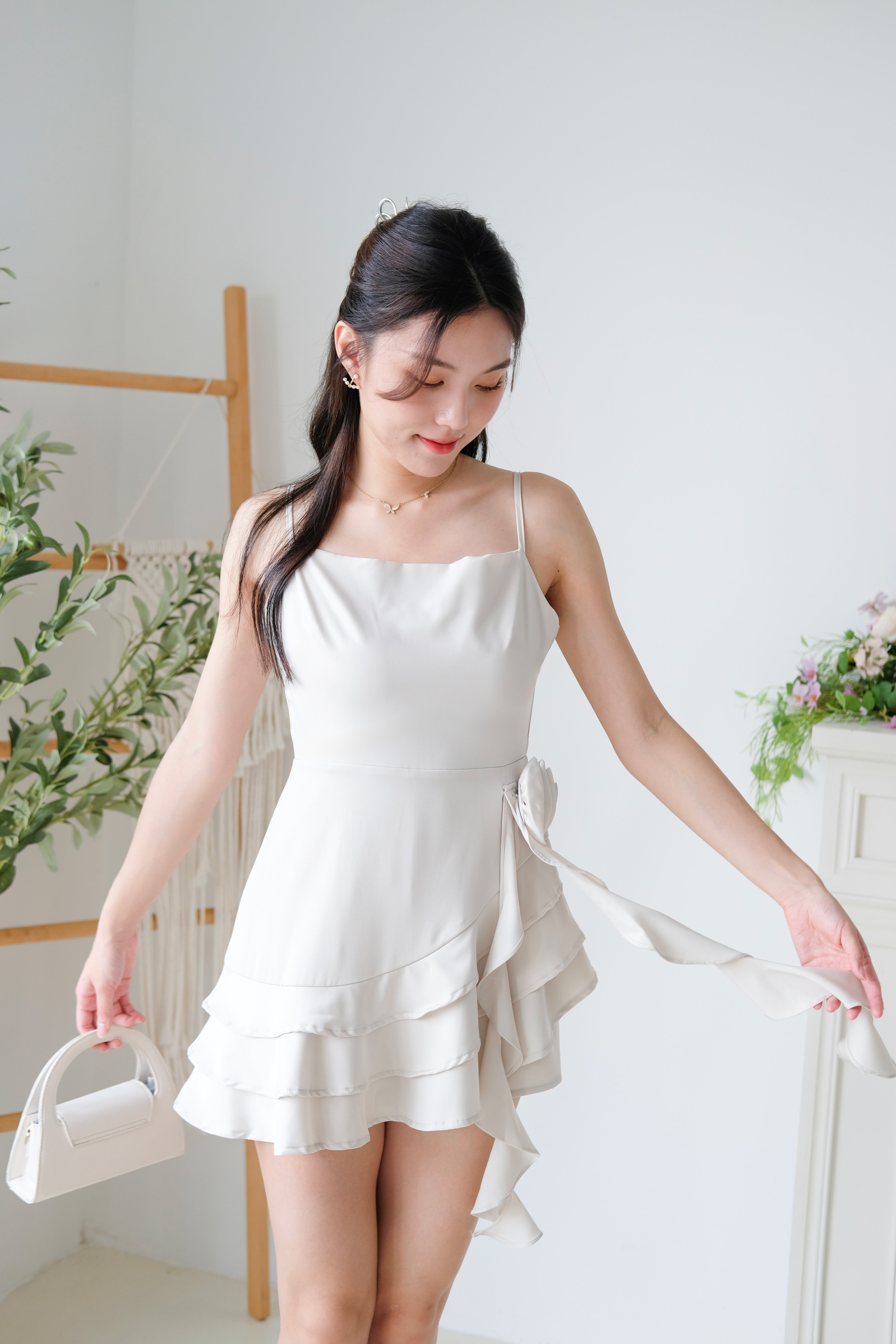 Dewy Satin Ruffle Dress (Champagne)
